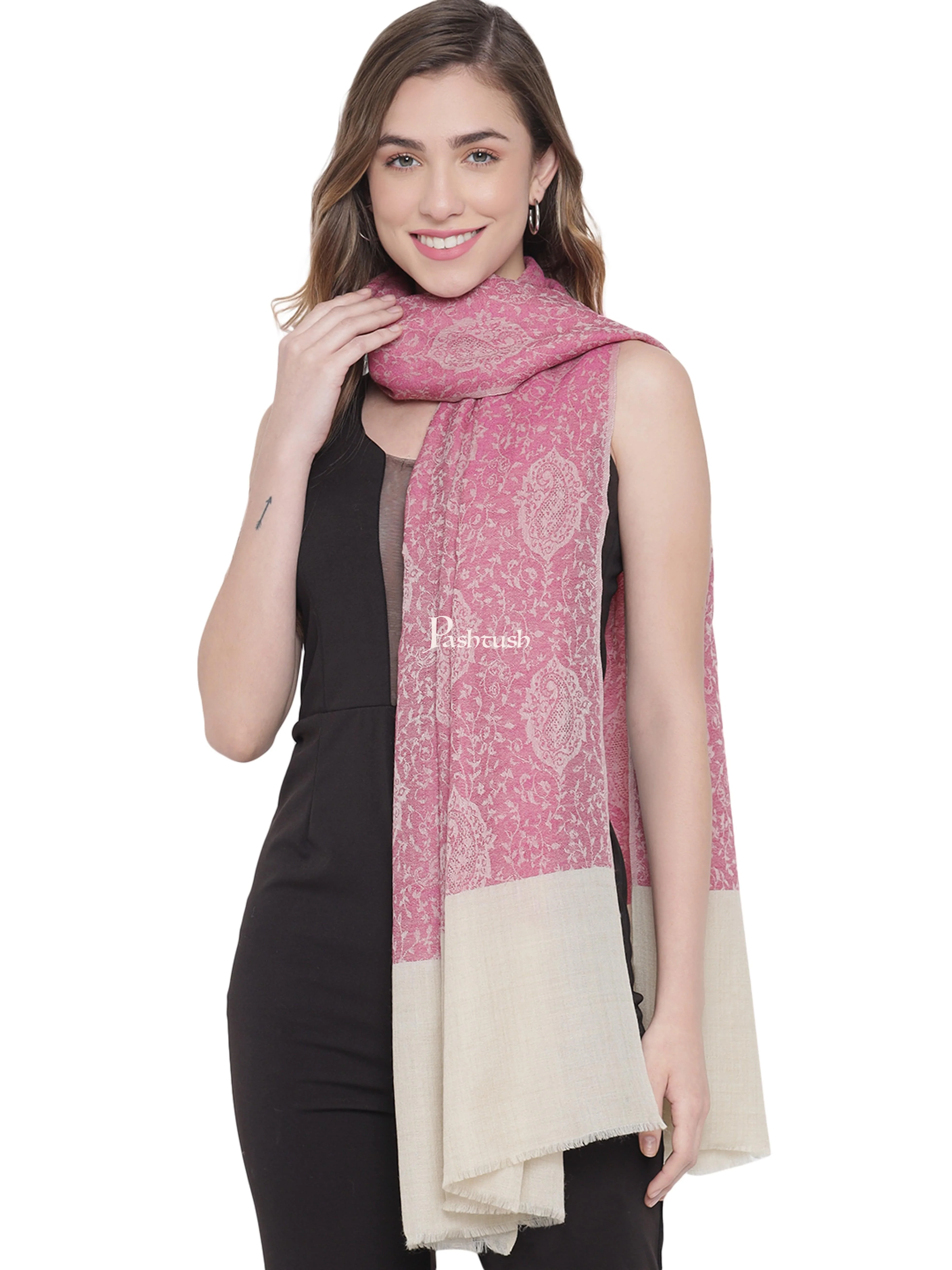 Pashtush Womens Self Stole, Fine Wool, Paisley Weave, Pink - Image 4