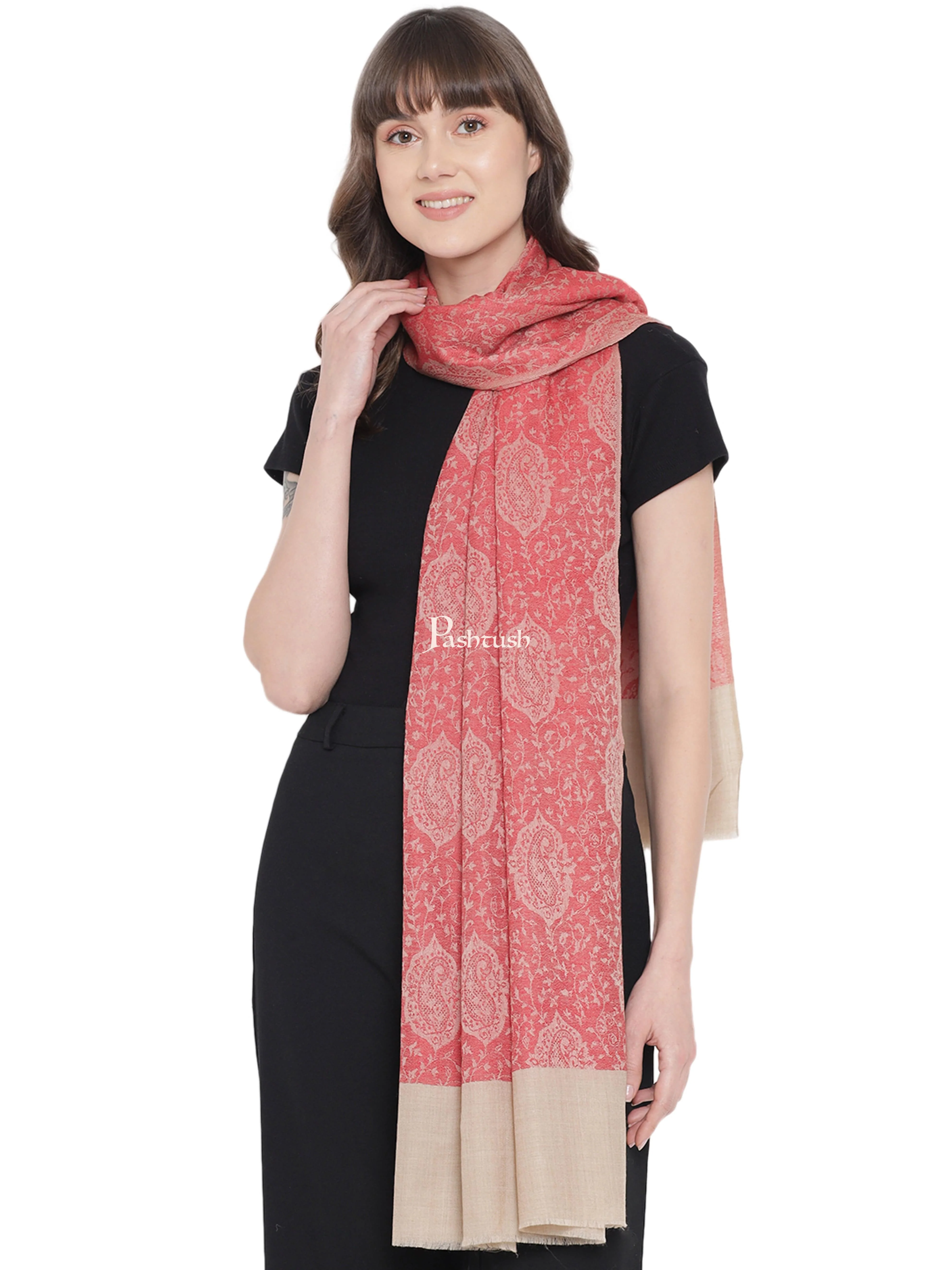 Pashtush Womens Self Stole, Fine Wool, Paisley Weave, Red - Image 4