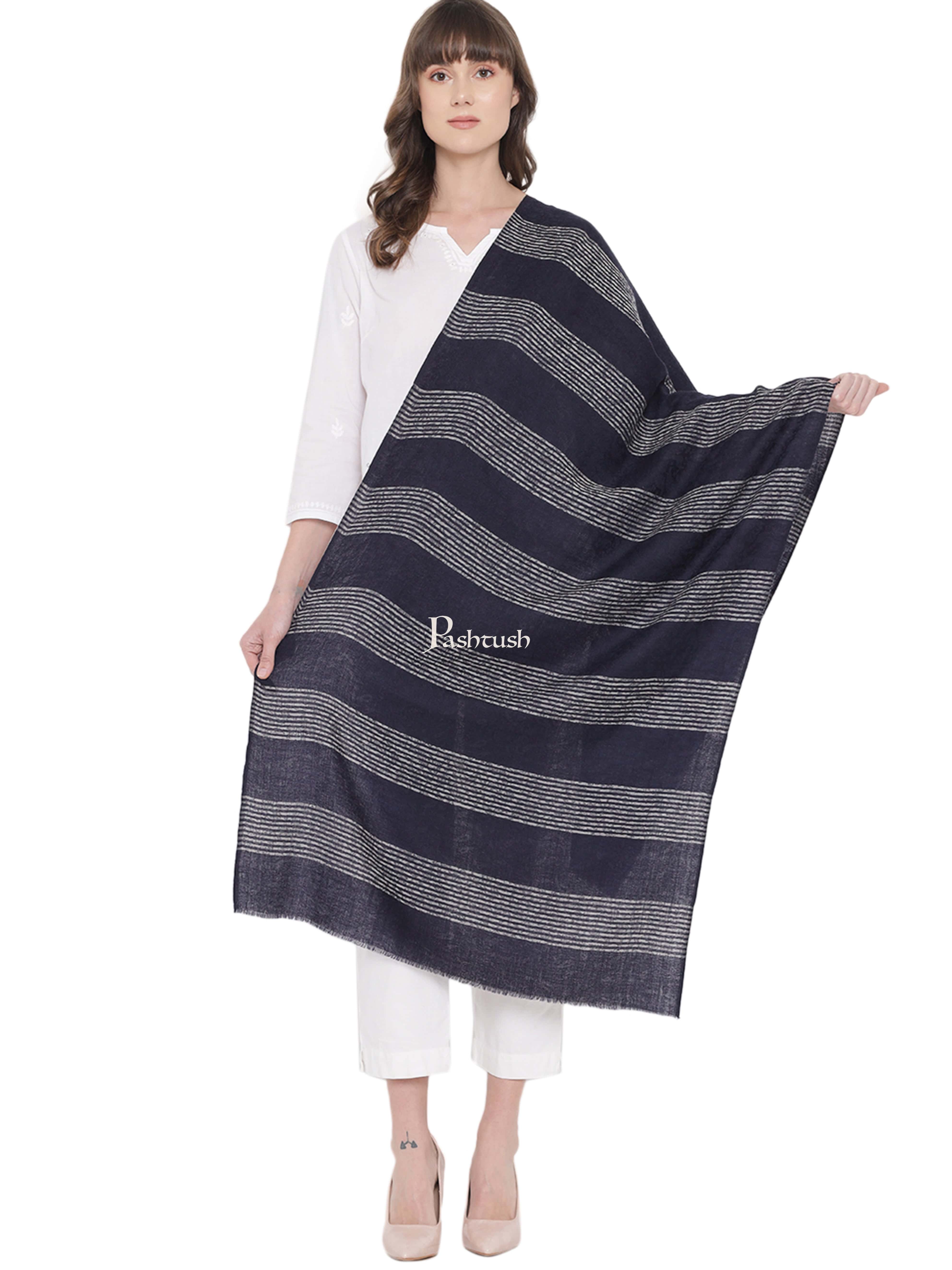 Pashtush Womens Self Stole, Fine Wool, Striped Weave, Navy Blue - Image 3