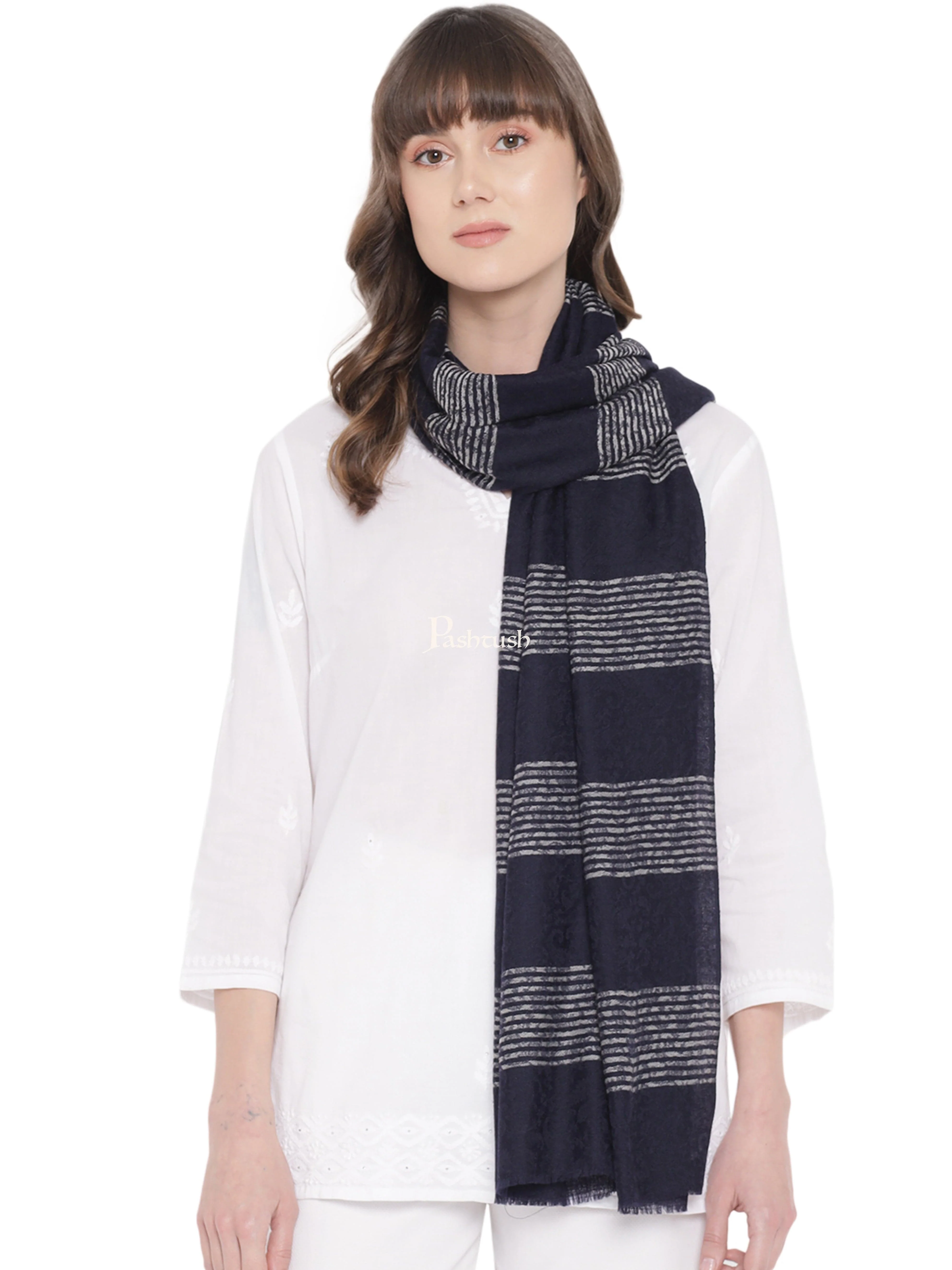 Pashtush Womens Self Stole, Fine Wool, Striped Weave, Navy Blue - Image 5