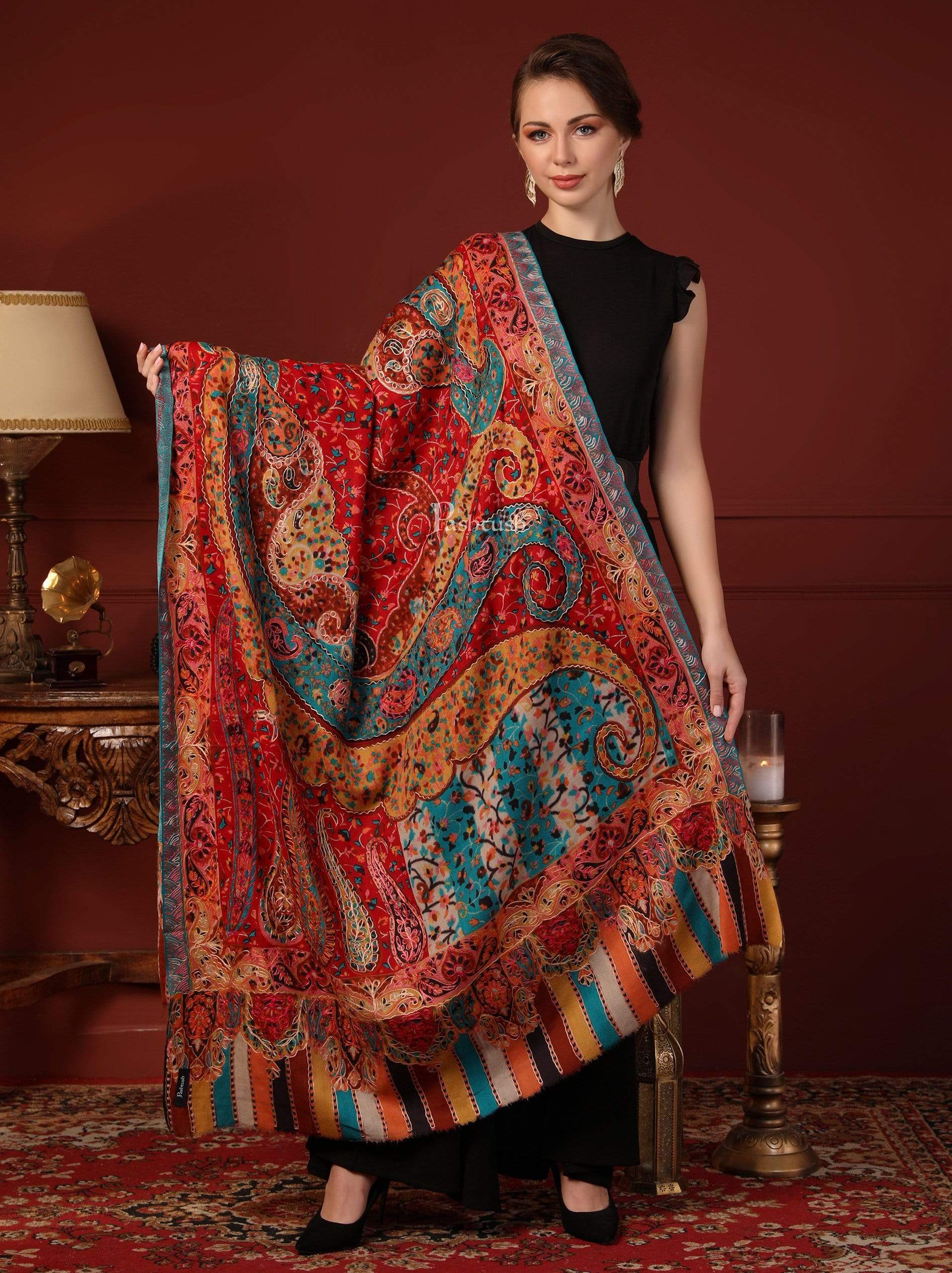 Pashtush Womens Kalamkari Outline Embroidery Shawl, Multicoloured