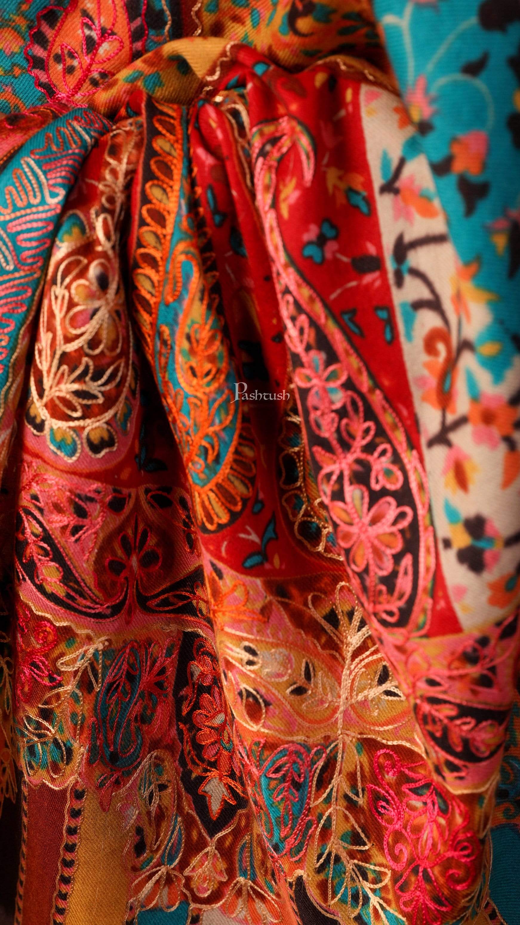 Pashtush Womens Kalamkari Outline Embroidery Shawl, Multicoloured - Image 5