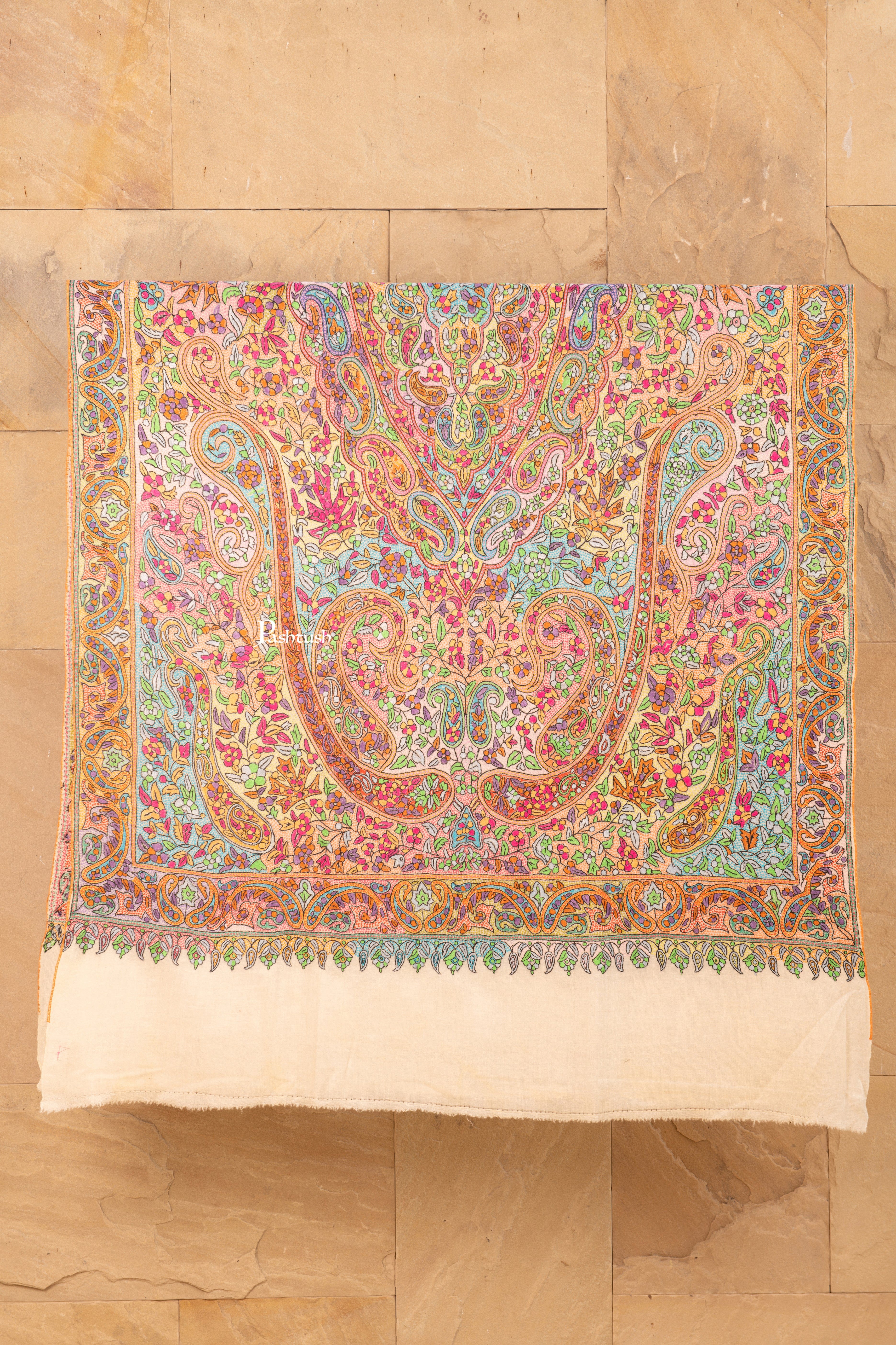 Pashtush Pure Pashmina Shawl for Women, Hand Embroidery Hand Woven, Gulaabdar, Ivory