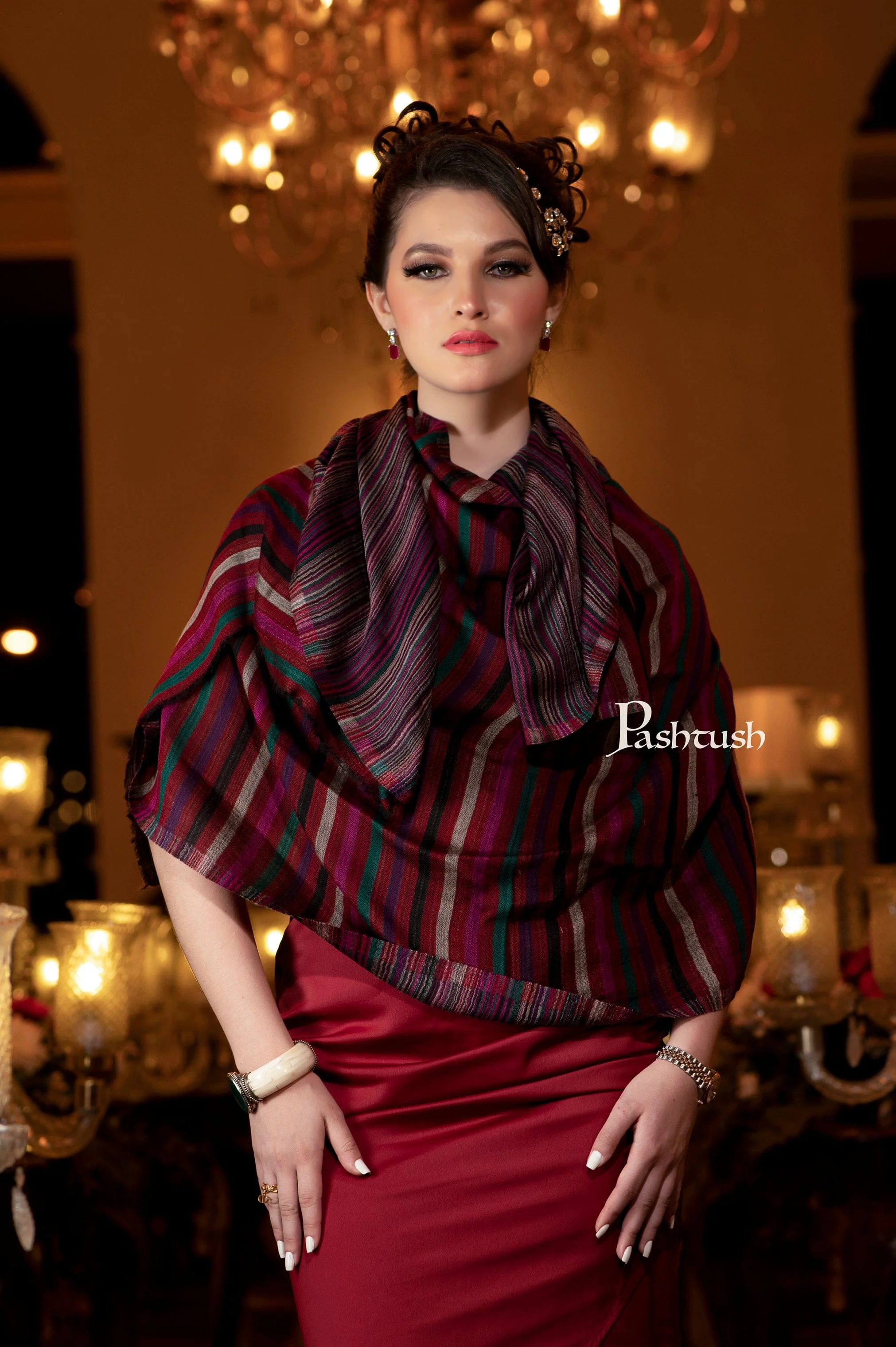 Pashtush Womens Shawl, Cashmere Wool Blend, Extra Fine Wool, Reversible Weave, Striped Crimson