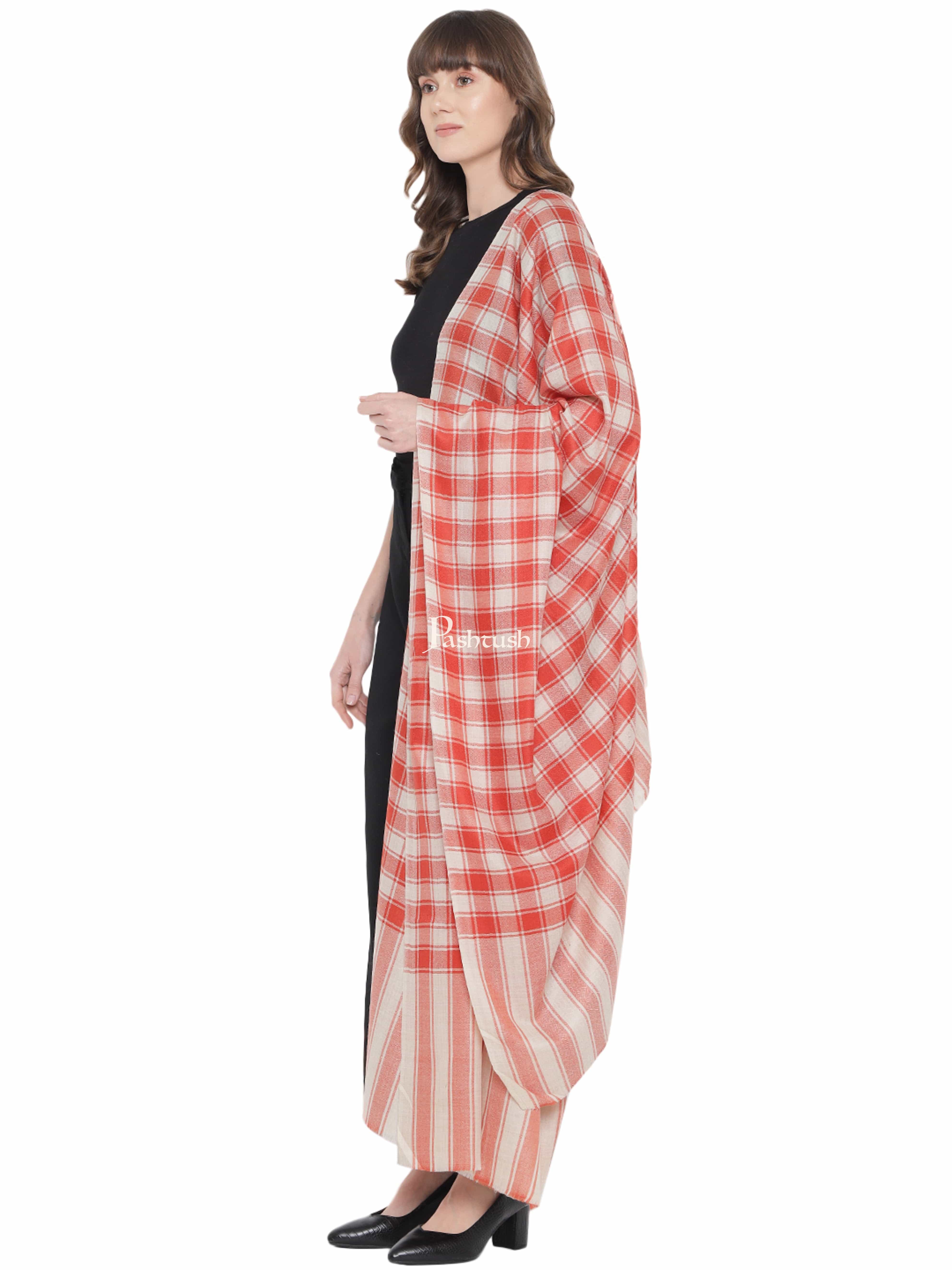 Pashtush Womens Shawl, Checkered Weave, Soft Fine Wool, Beige and orange - Image 2