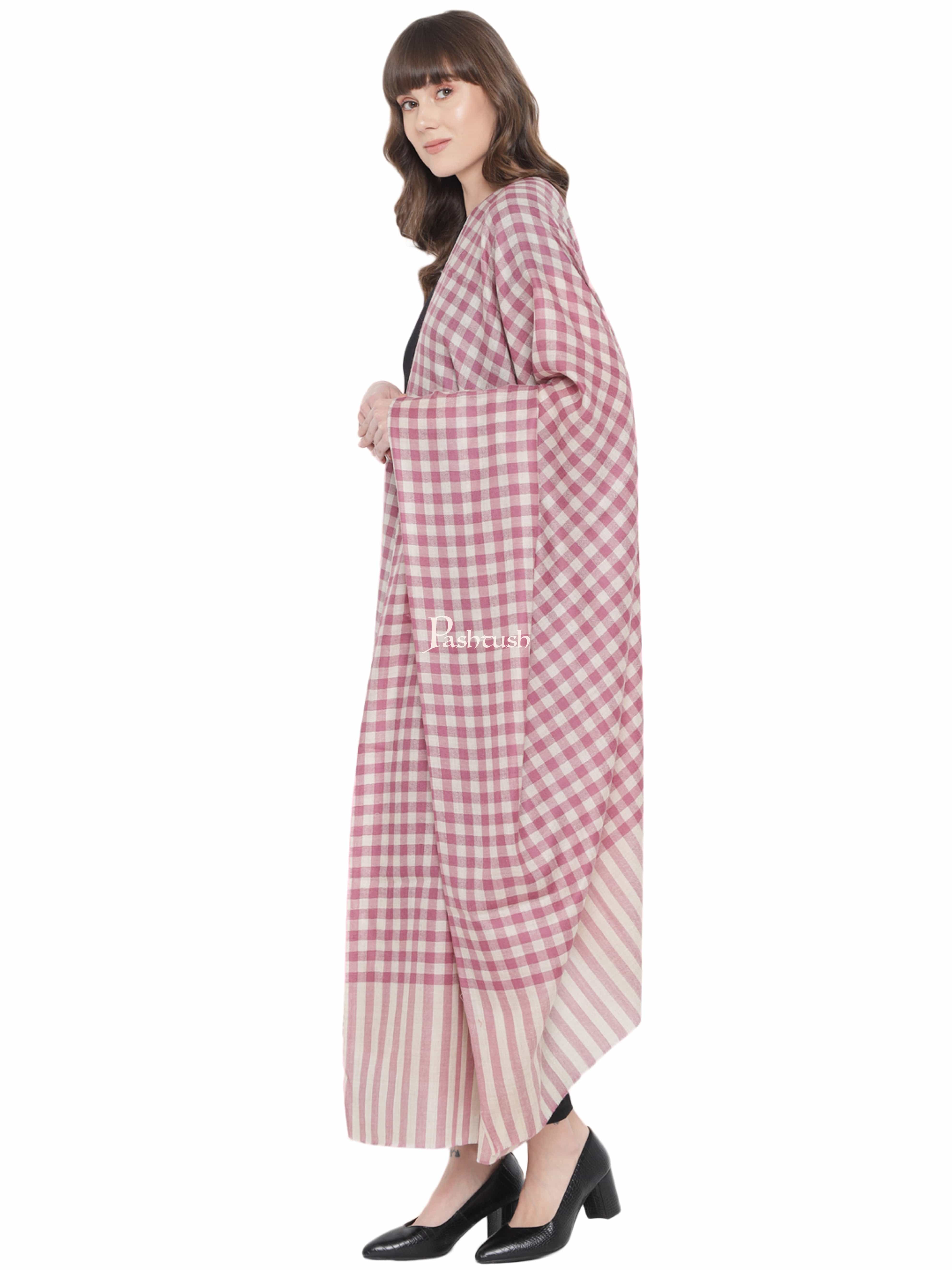 Pashtush Womens Shawl, Checkered Weave, Chashme Bulbul Weave, Soft Fine Wool, Morning Rose - Image 4