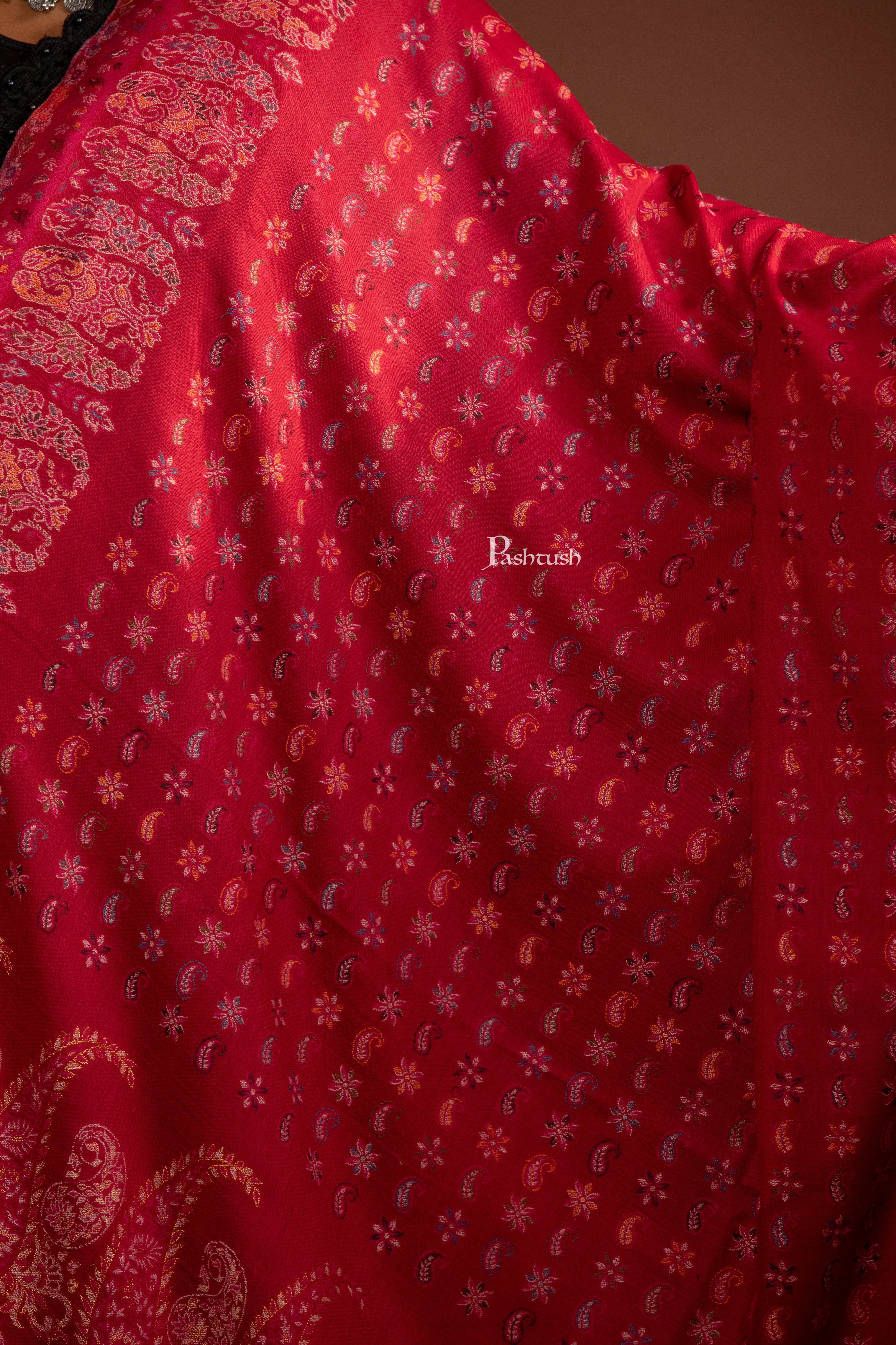 Pashtush Womens Shawl, Ethnic Weave Paisley Palla, Crimson - Image 2