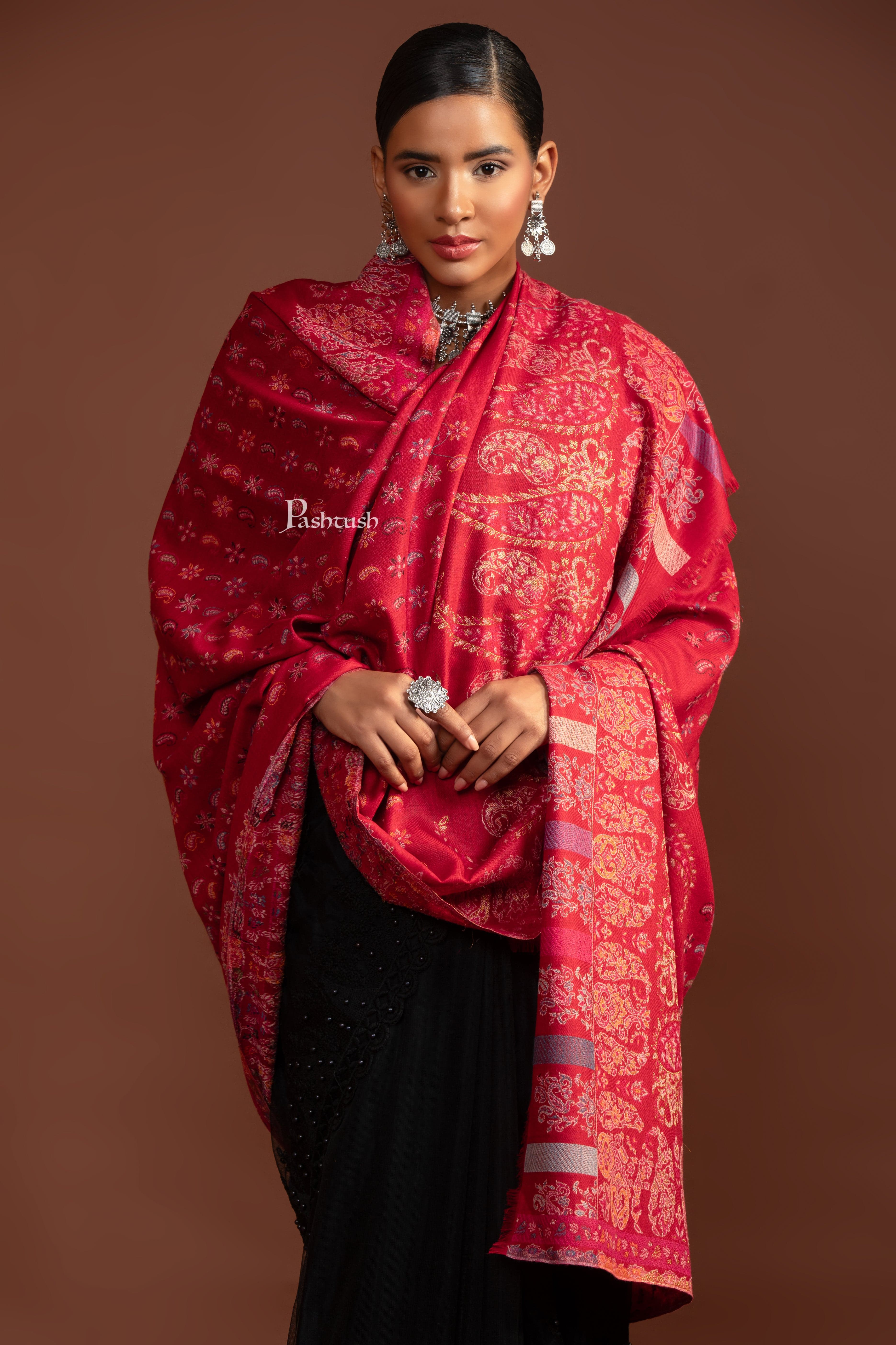 Pashtush Womens Shawl, Ethnic Weave Paisley Palla, Crimson - Image 5
