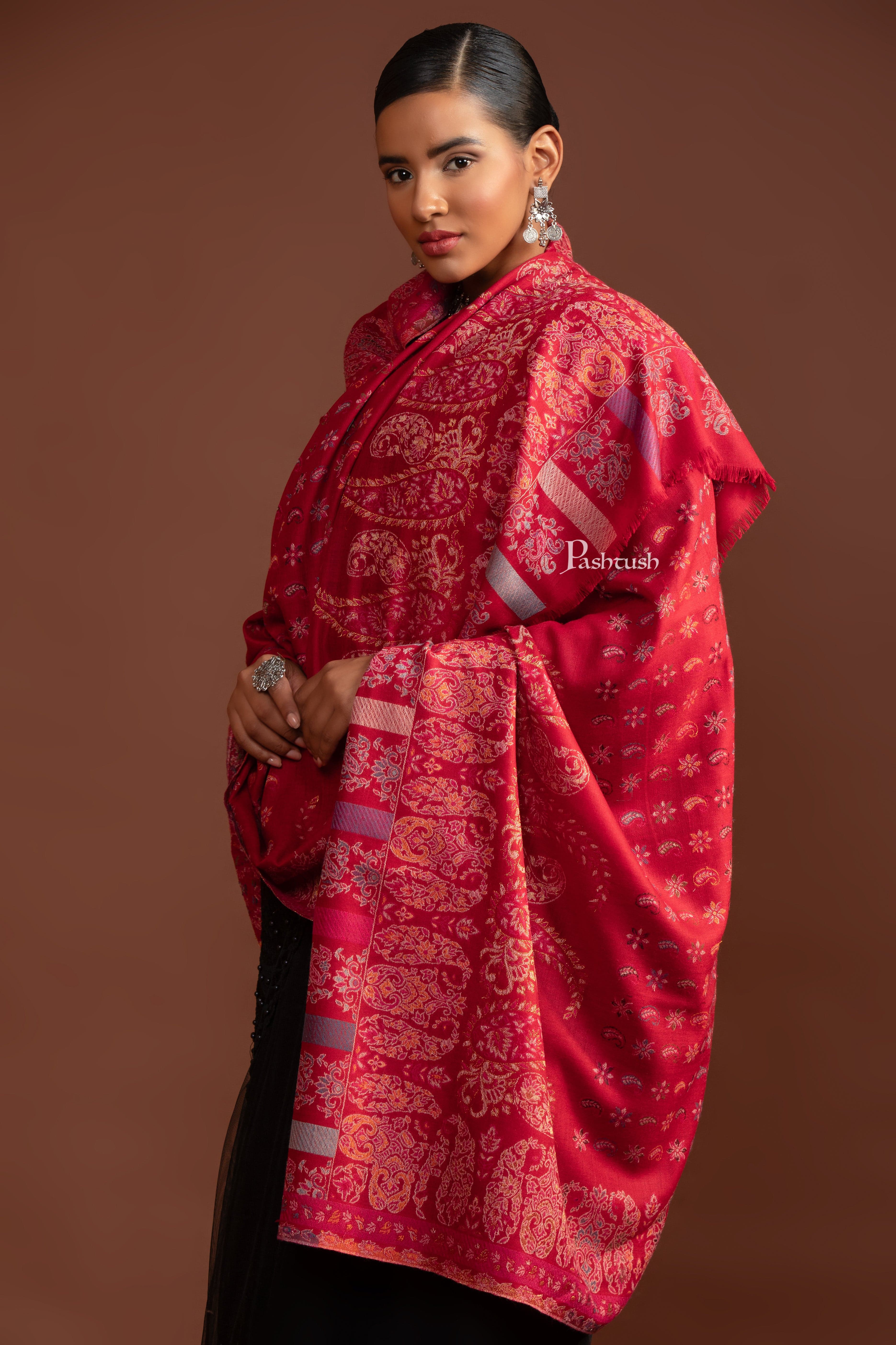 Pashtush Womens Shawl, Ethnic Weave Paisley Palla, Crimson - Image 6