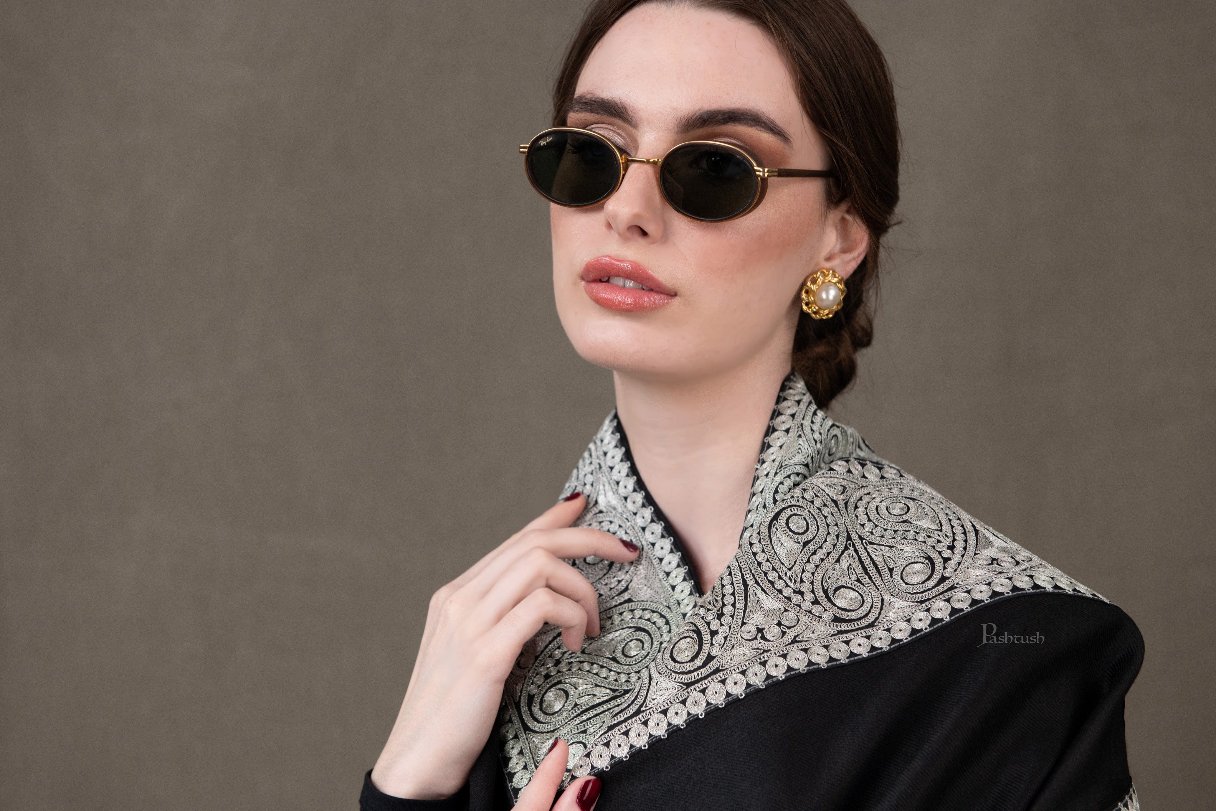 Pashtush Womens Shawl, Extra Fine Wool, Metallic Tilla Embroidery Border, Design, Black - Image 6