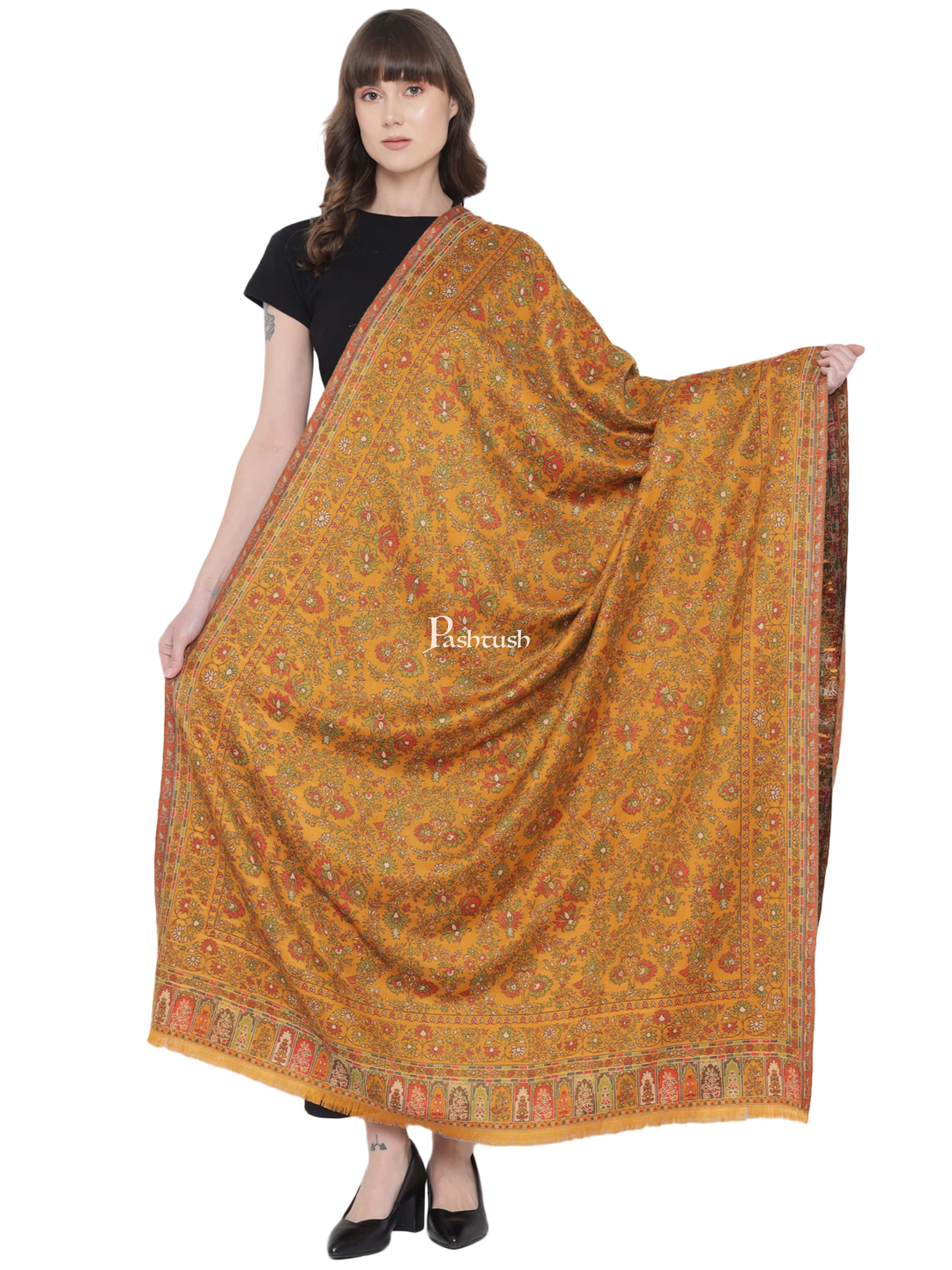 Pashtush Womens Shawl, Faux Pashmina, Ethnic Weave, Mustard