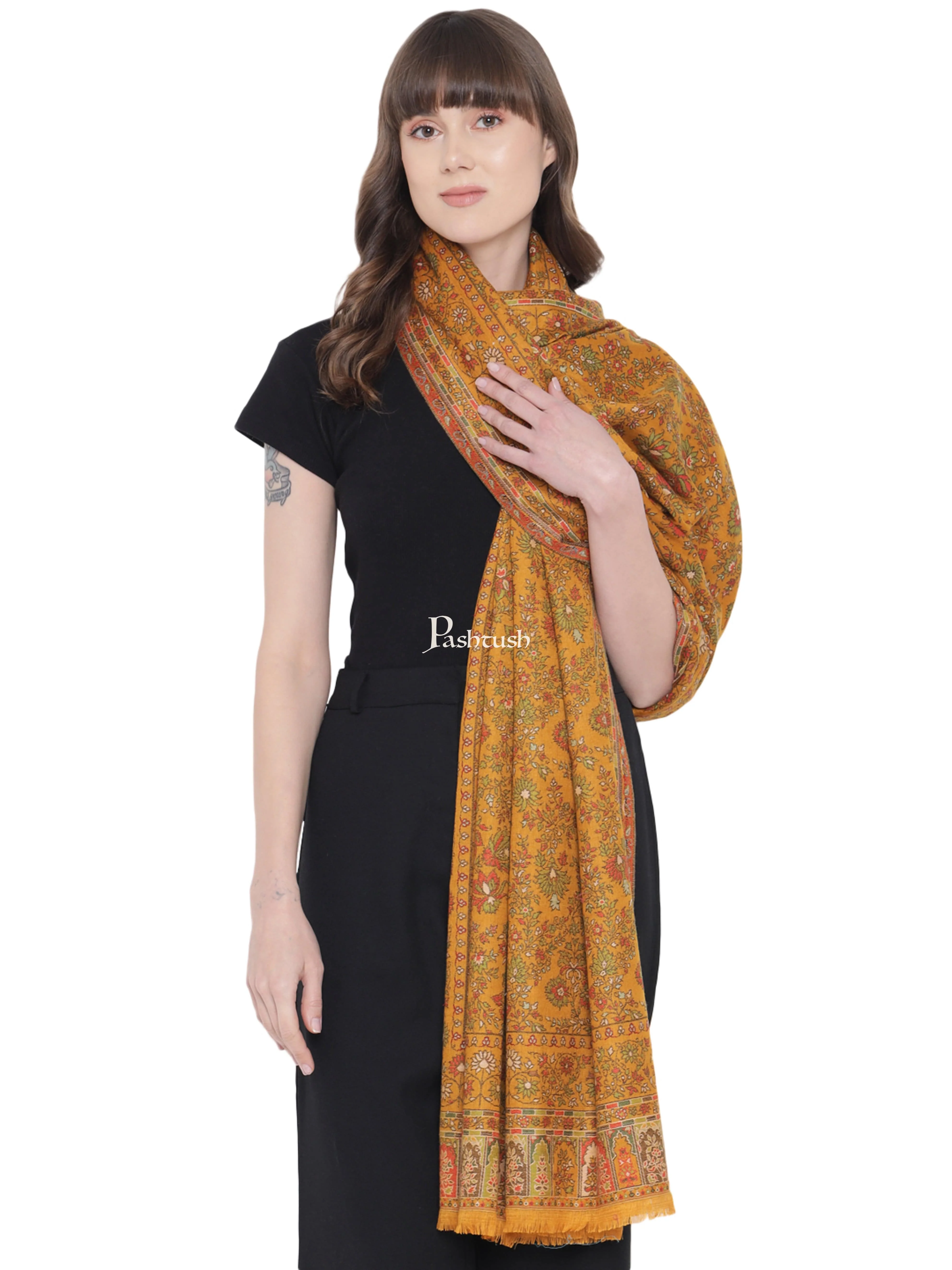 Pashtush Womens Shawl, Faux Pashmina, Ethnic Weave, Mustard - Image 3