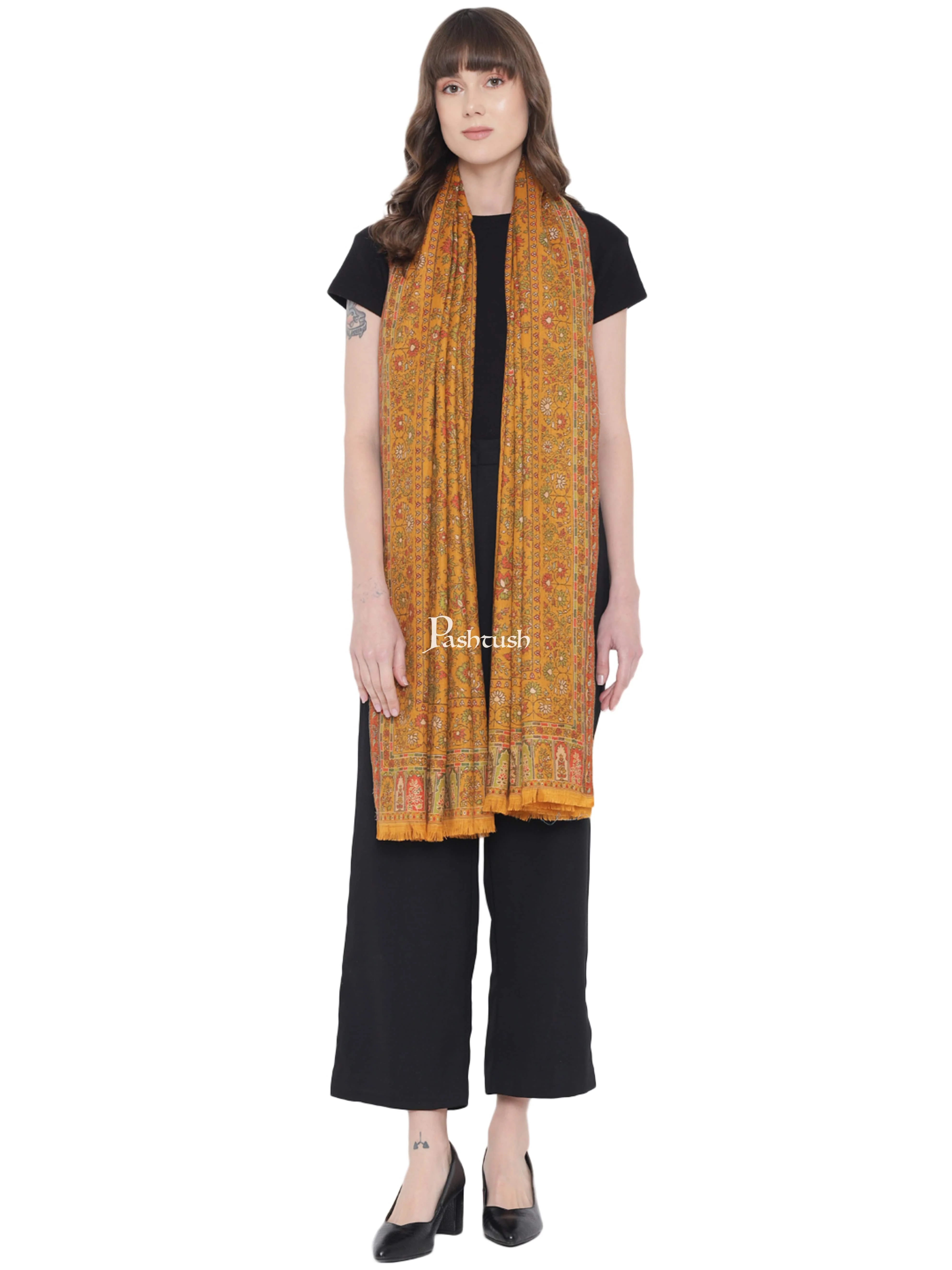 Pashtush Womens Shawl, Faux Pashmina, Ethnic Weave, Mustard - Image 4