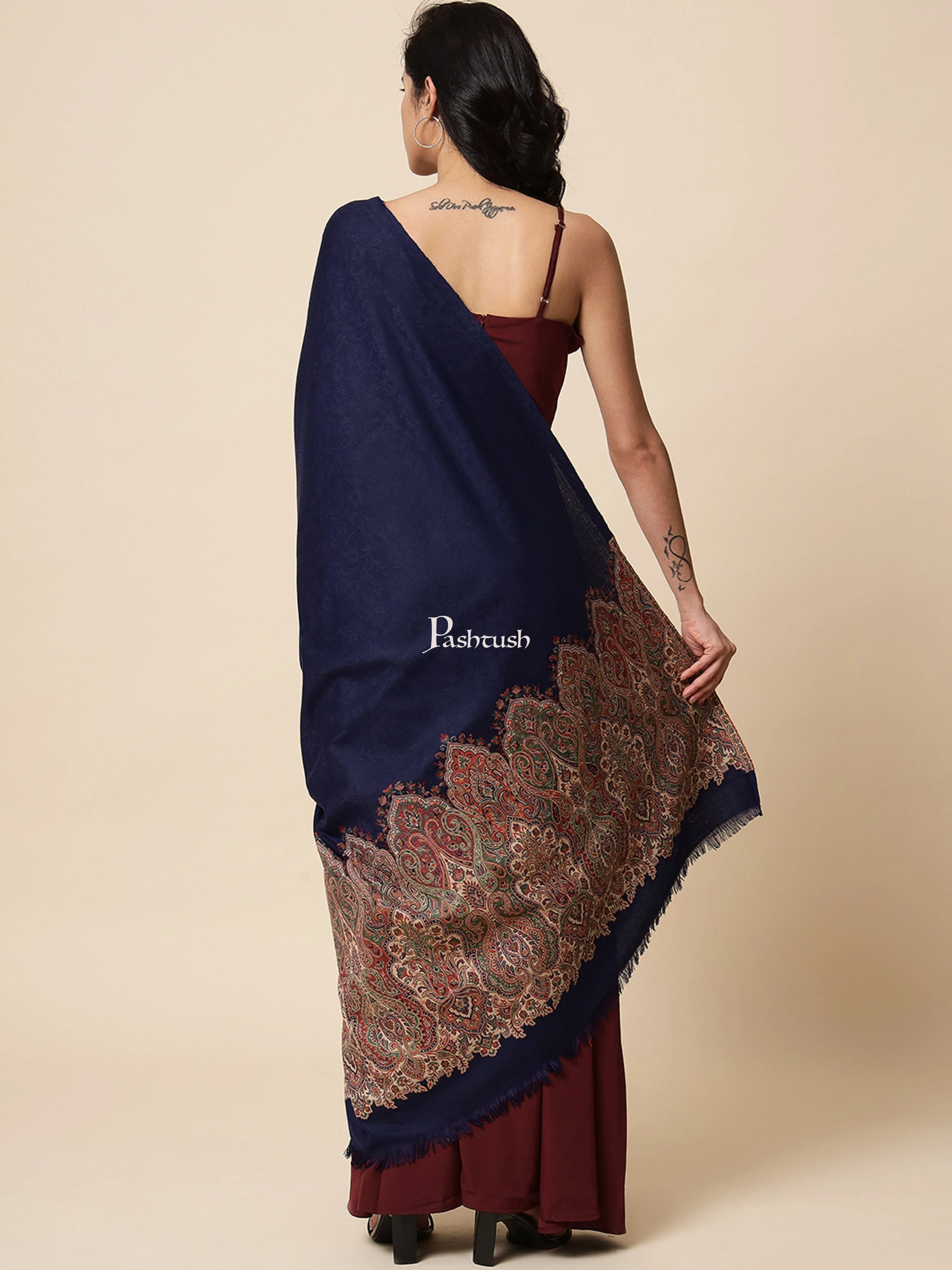 Pashtush Womens Shawl, Faux Pashmina, Woven Palla Design , Navy Blue - Image 6