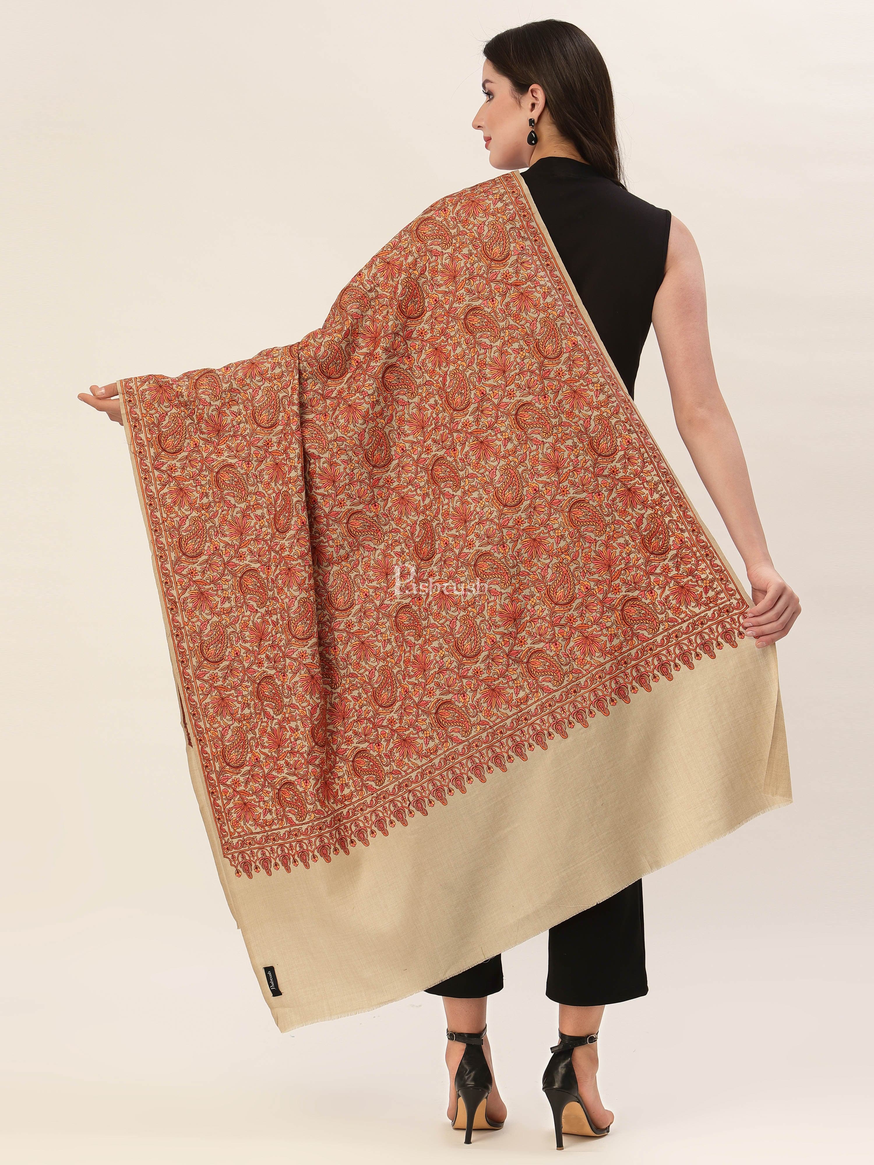 Pashtush Womens Shawl, Fine Wool, Needlework Jaal, Papier Mache Embroidery, Beige