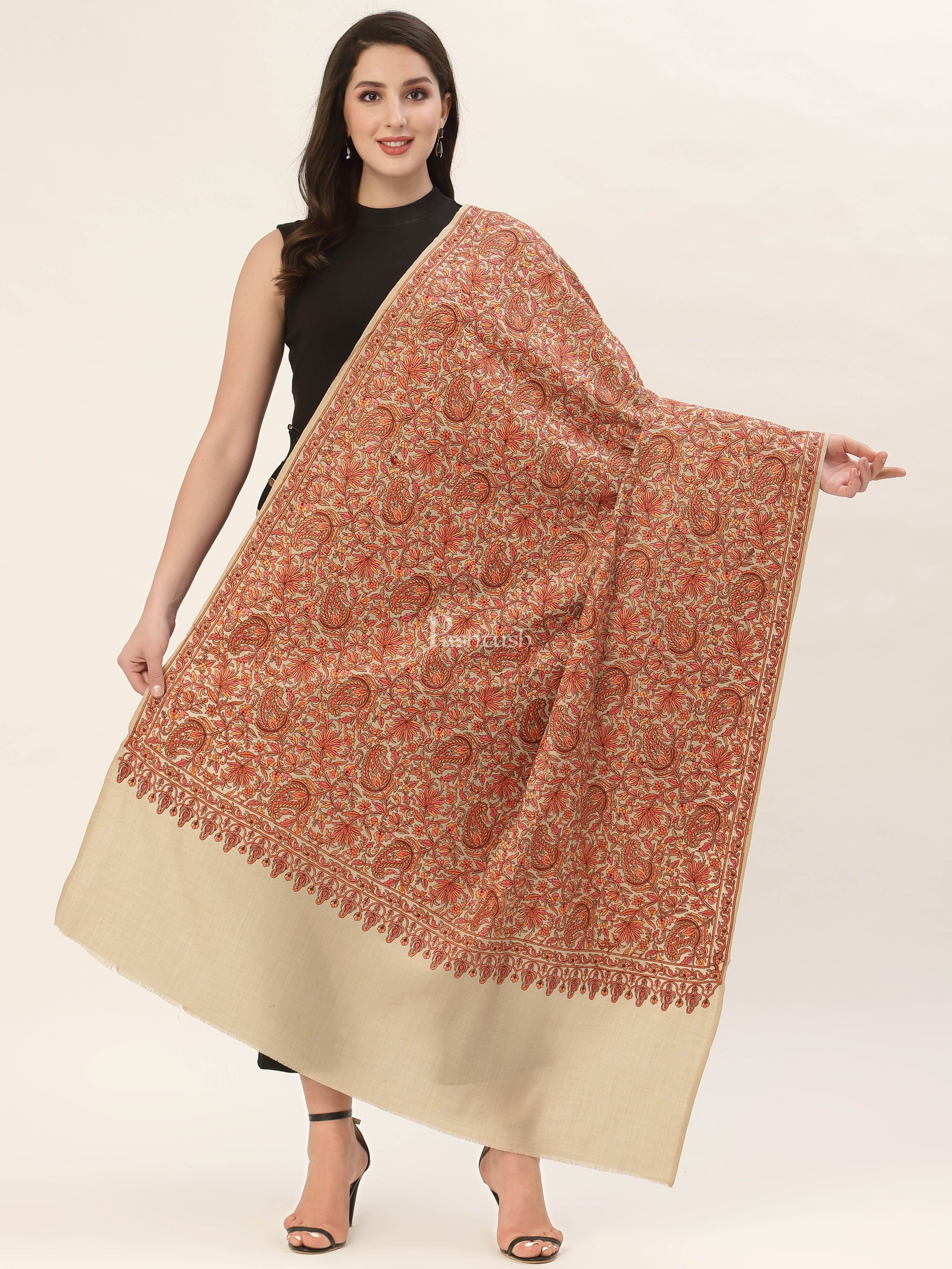 Pashtush Womens Shawl, Fine Wool, Needlework Jaal, Papier Mache Embroidery, Beige - Image 2