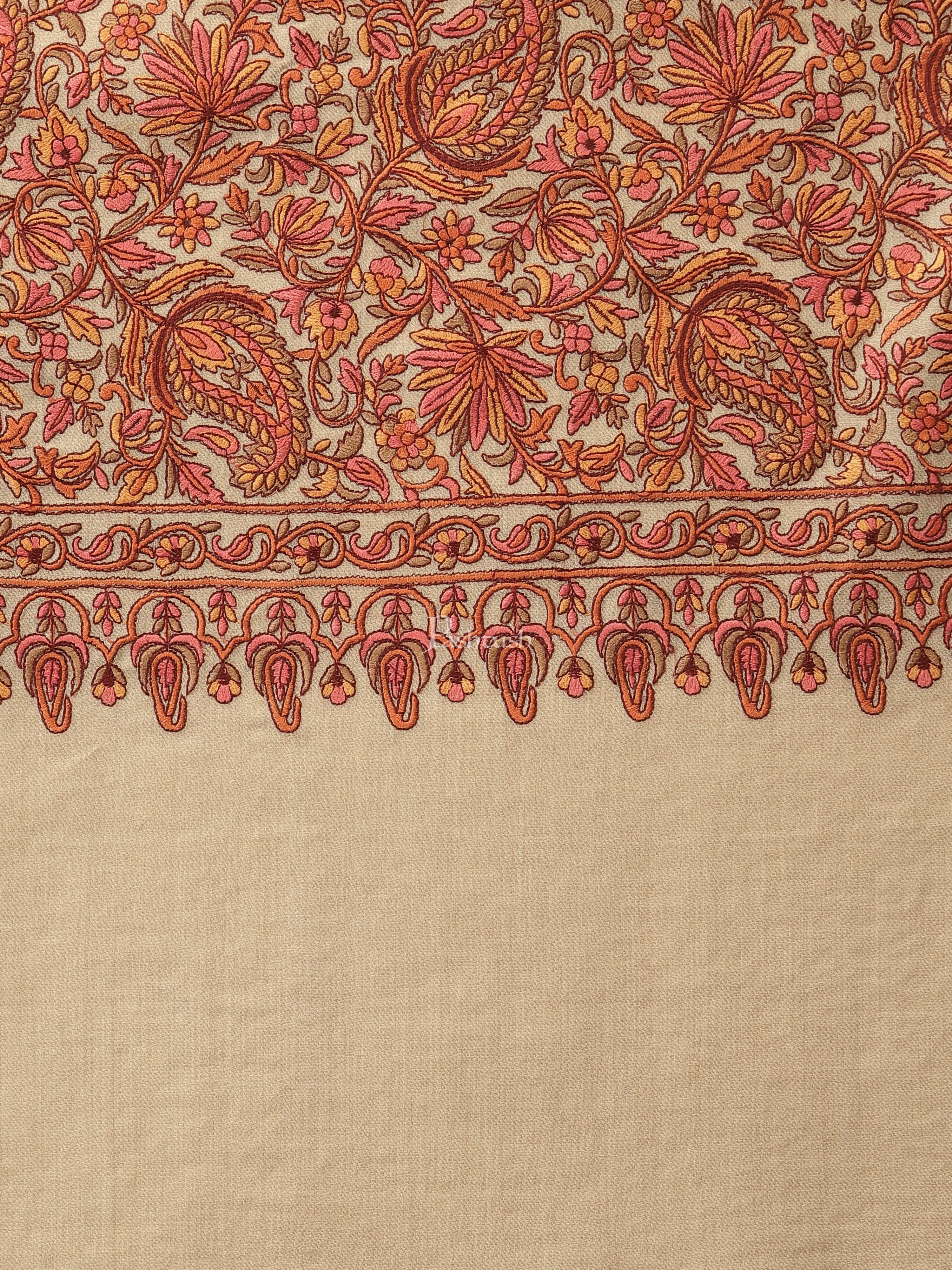 Pashtush Womens Shawl, Fine Wool, Needlework Jaal, Papier Mache Embroidery, Beige - Image 3