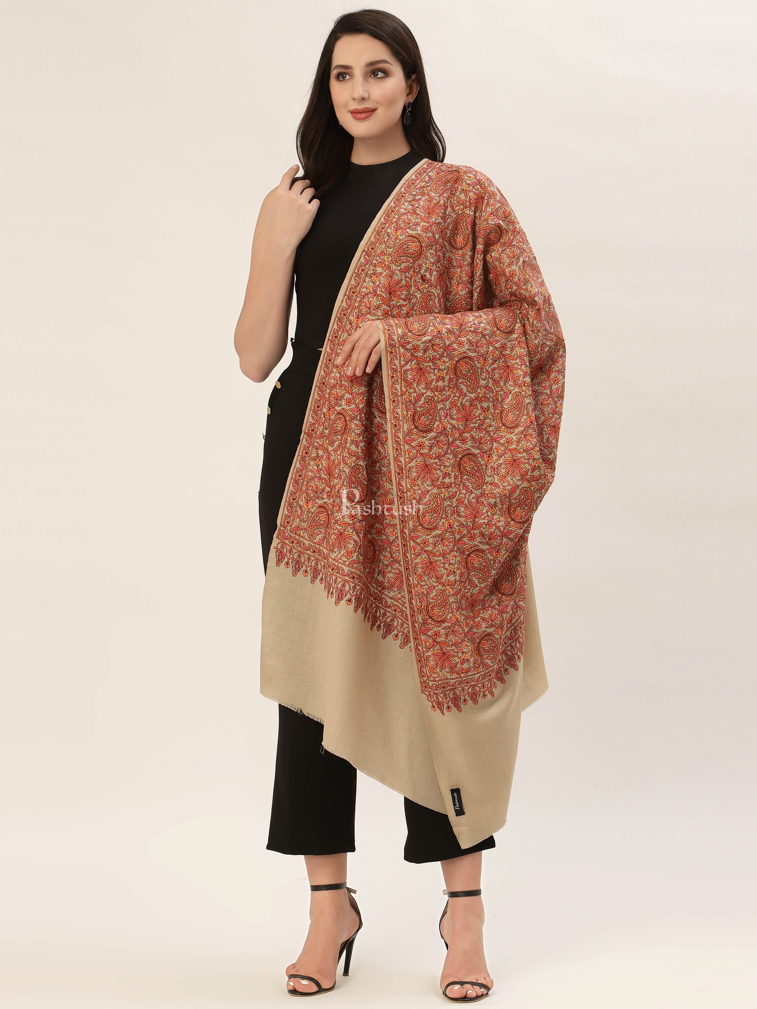 Pashtush Womens Shawl, Fine Wool, Needlework Jaal, Papier Mache Embroidery, Beige - Image 5