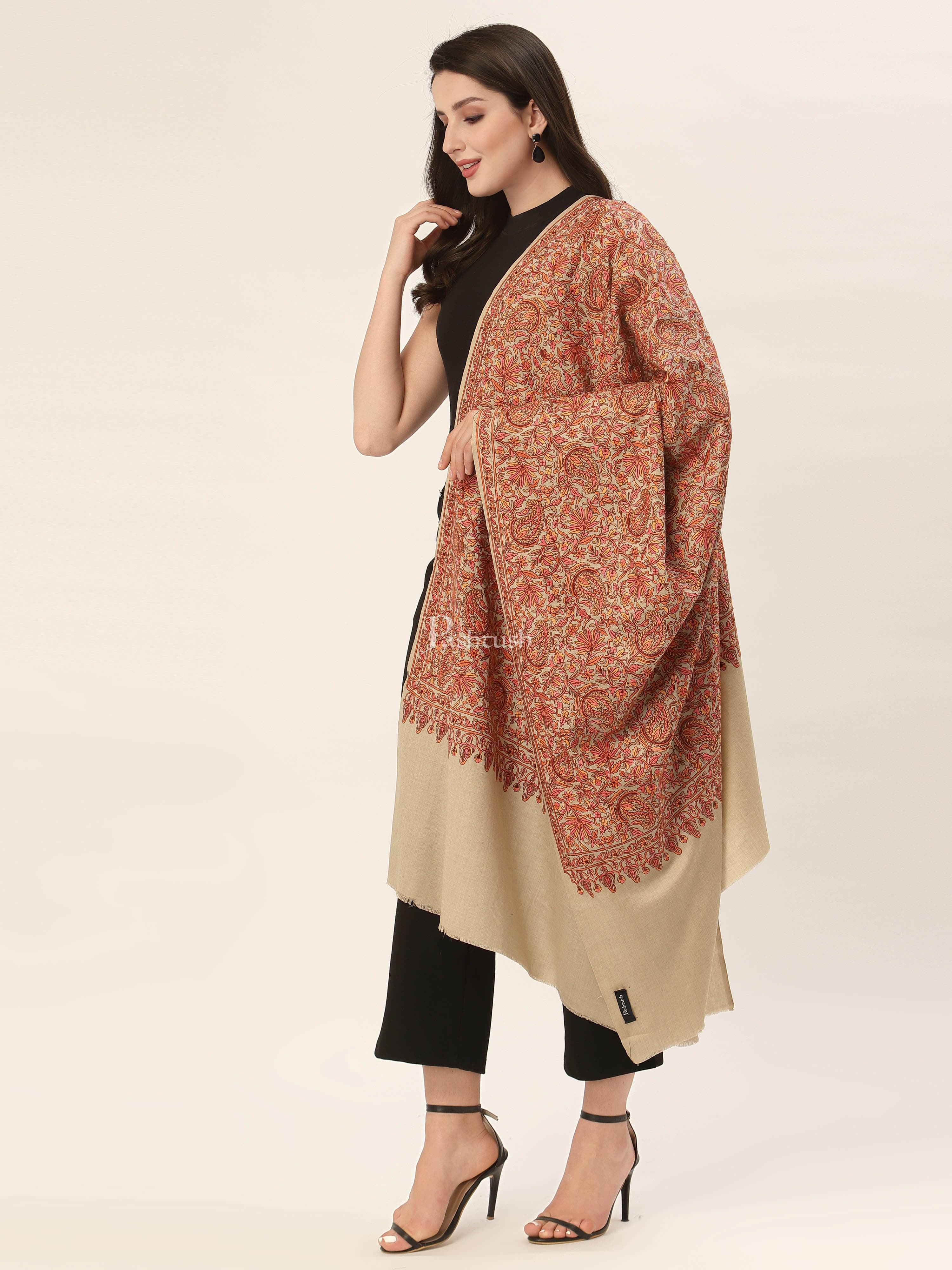 Pashtush Womens Shawl, Fine Wool, Needlework Jaal, Papier Mache Embroidery, Beige - Image 6