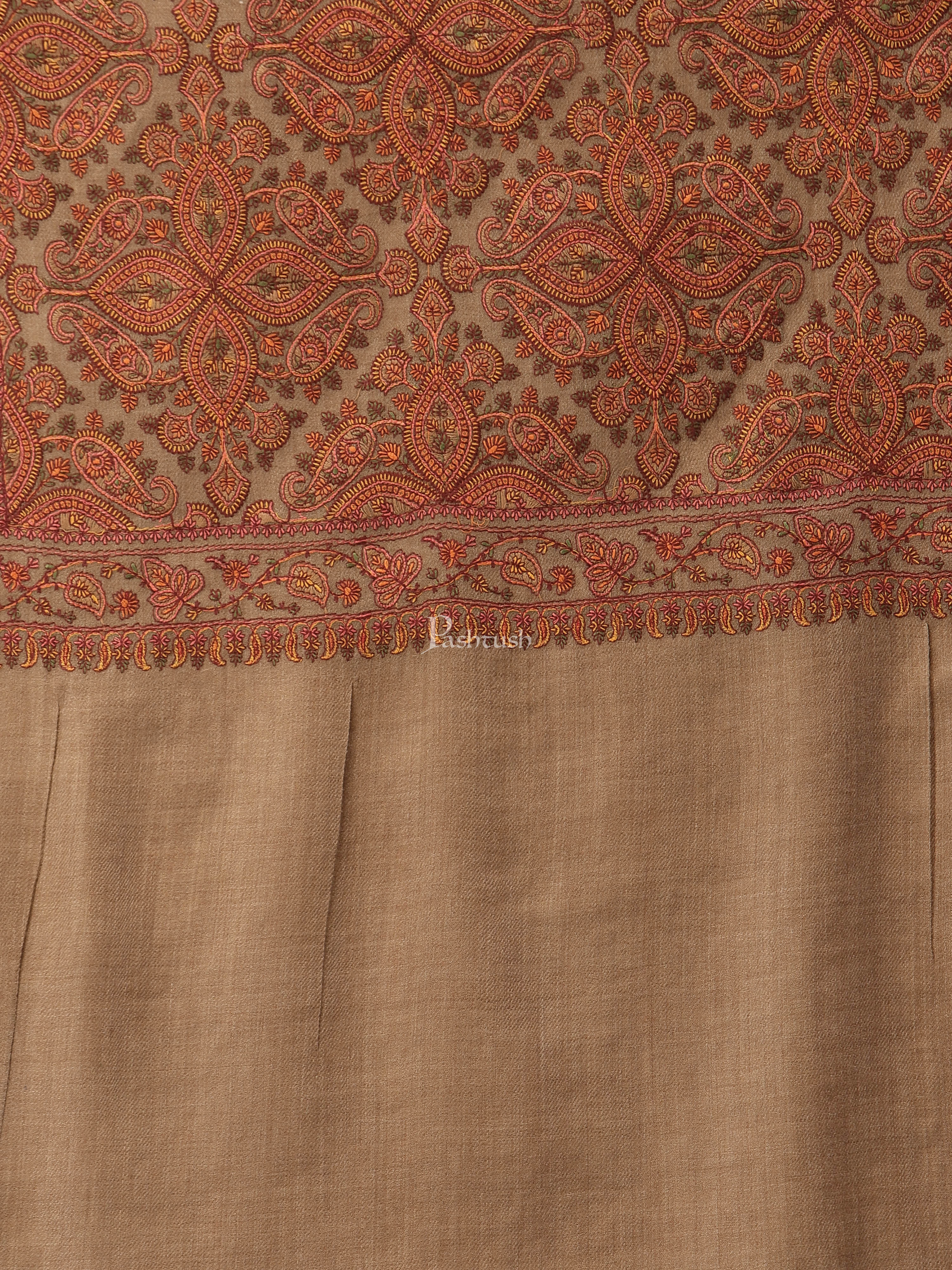 Pashtush Womens Shawl, Fine Wool, Needlework Jaal, Papier Mache Embroidery, taupe - Image 2