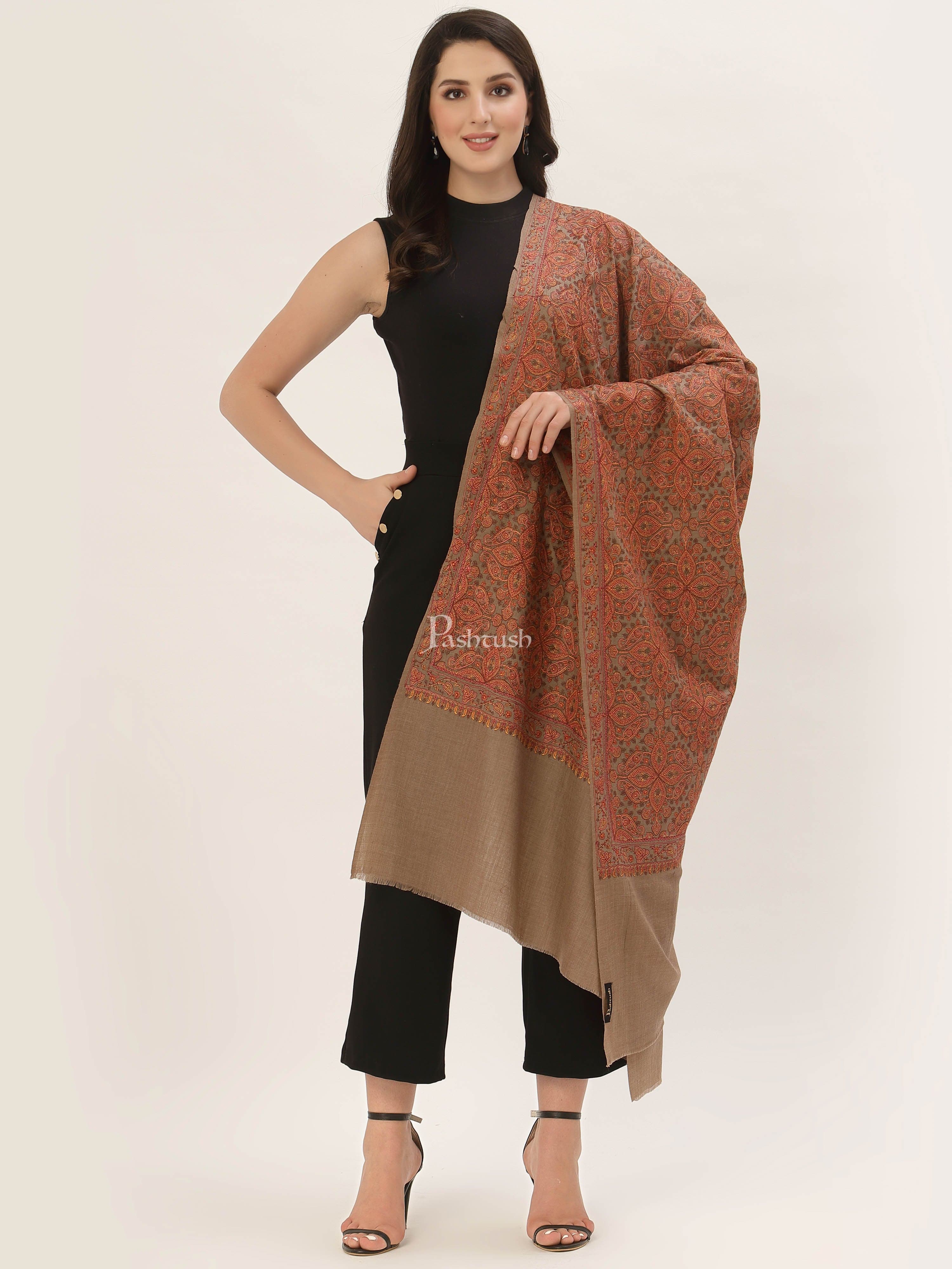 Pashtush Womens Shawl, Fine Wool, Needlework Jaal, Papier Mache Embroidery, taupe - Image 3