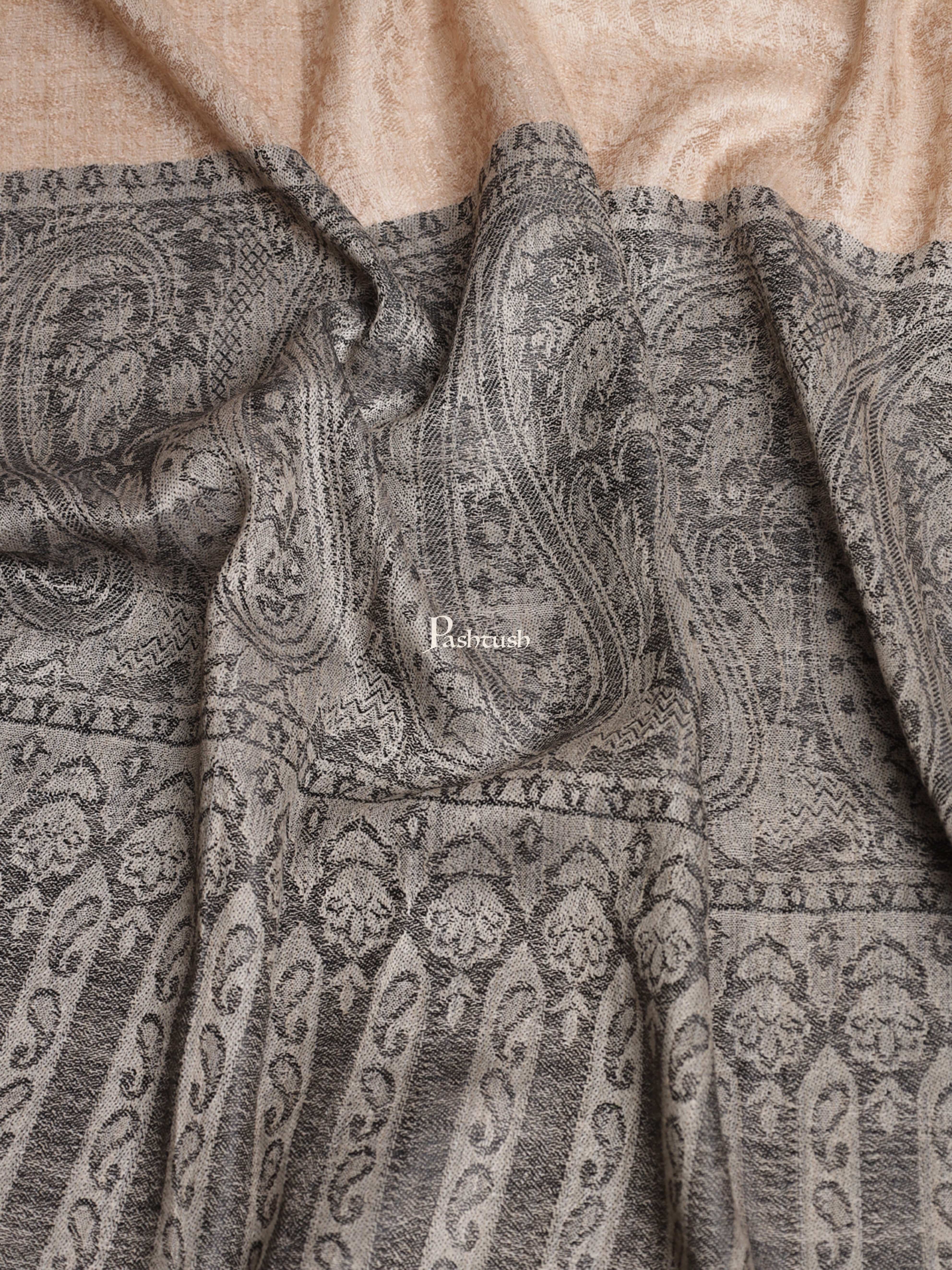 Pashtush Womens Shawl, Fine Wool Self Jacquard Weave, Beige and Black - Image 2