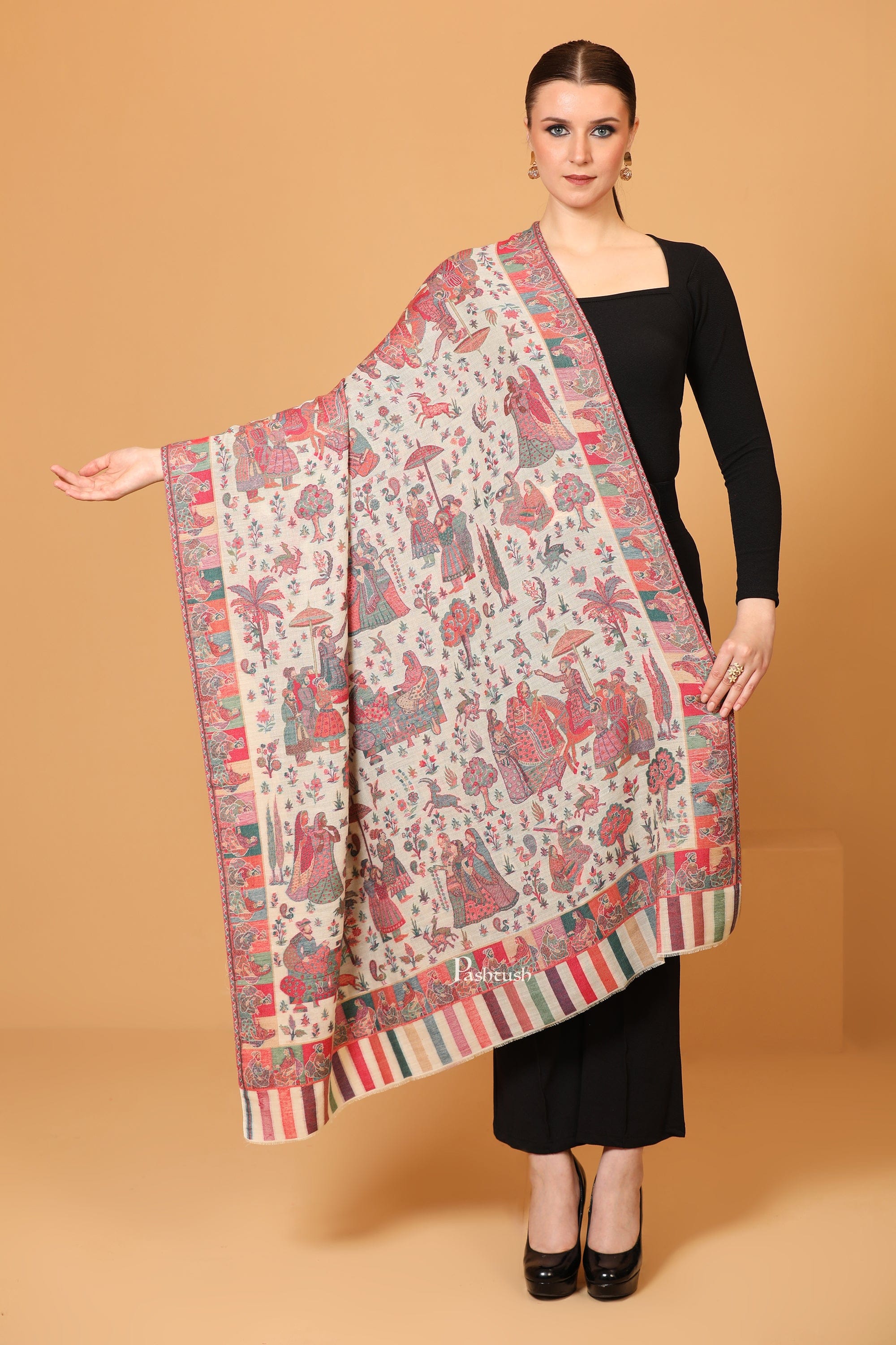 Pashtush Womens Shawl, Fine Wool, Soft and Warm, Woven Darbar Design, Light Beige