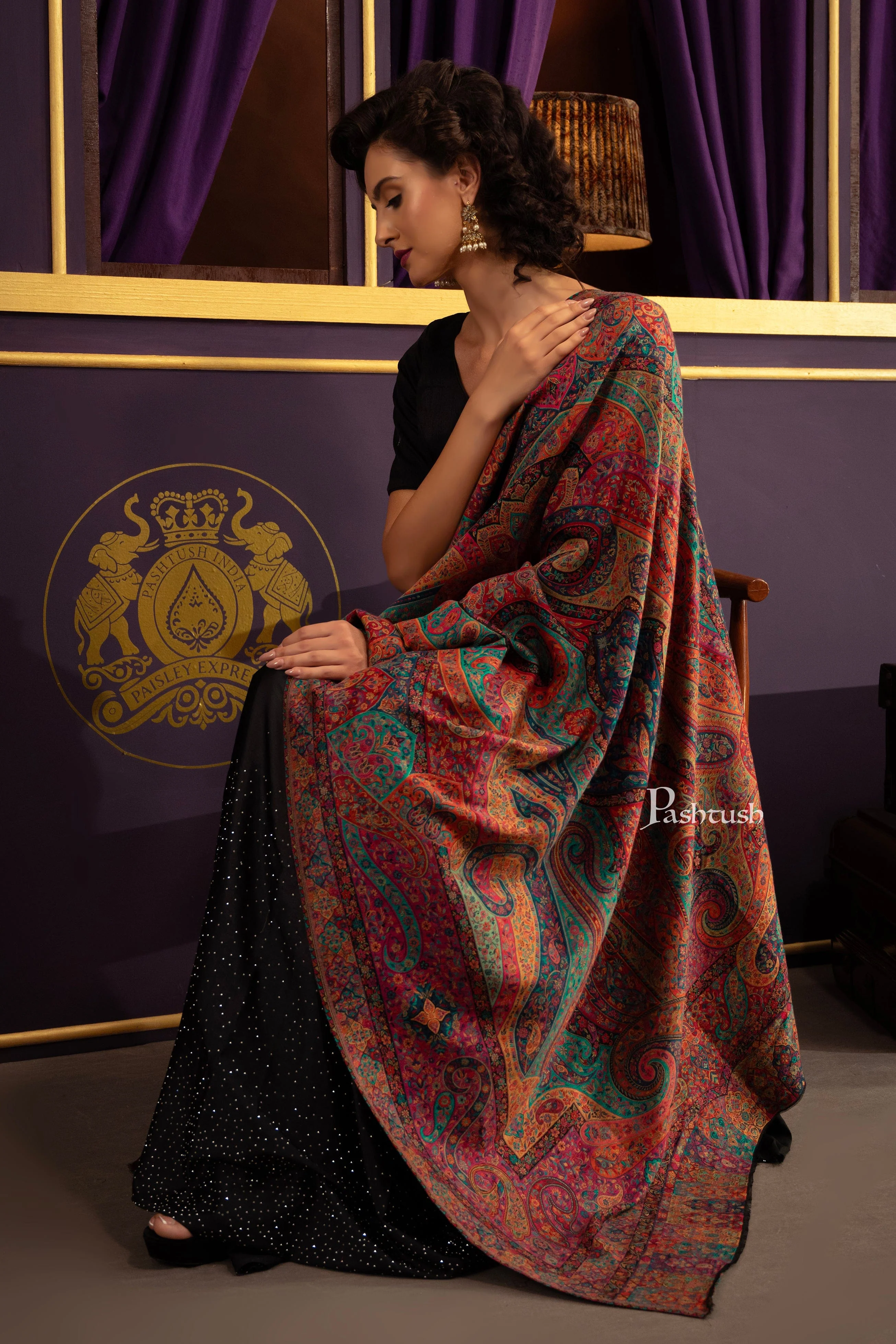 Pashtush Womens Shawl, Fine Wool Twilight Collection, Woven Design, Multicoloured - Image 5
