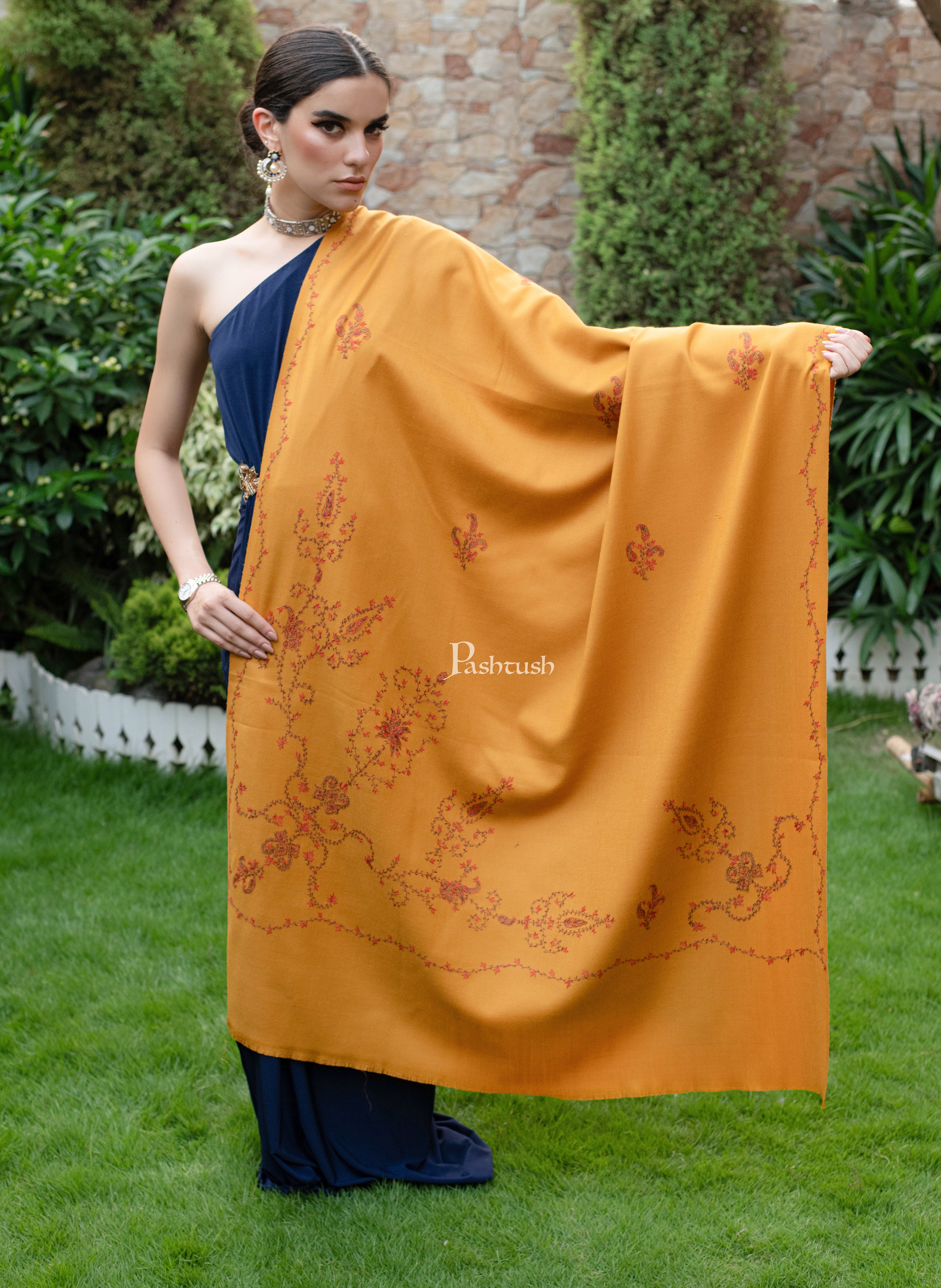 Pashtush womens Shawl, hand embroidery design, Mustard - Image 2