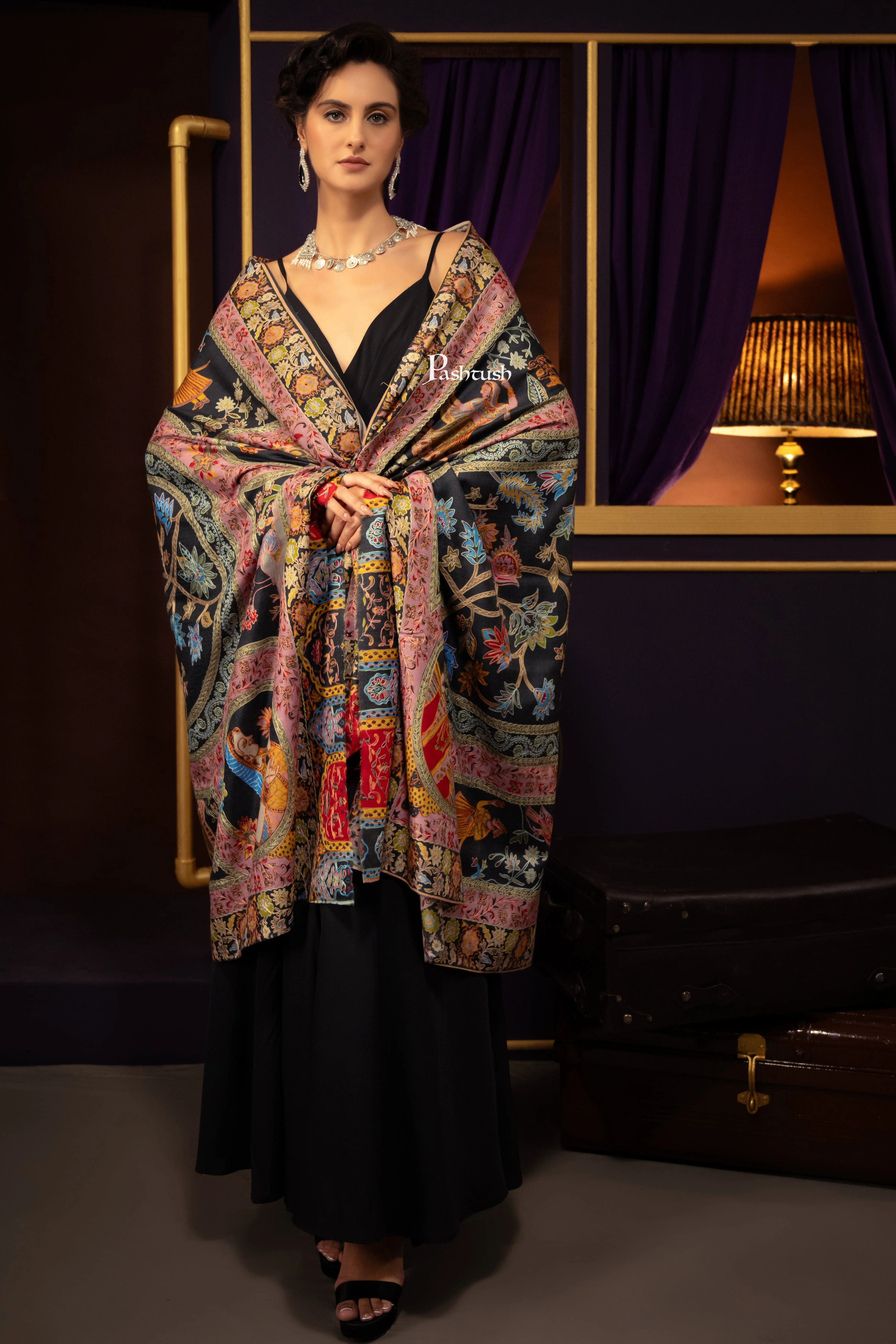 Pashtush Womens Shawl, Kalamkari Embroidery, Love Story Shawl, Fine Wool - Image 3