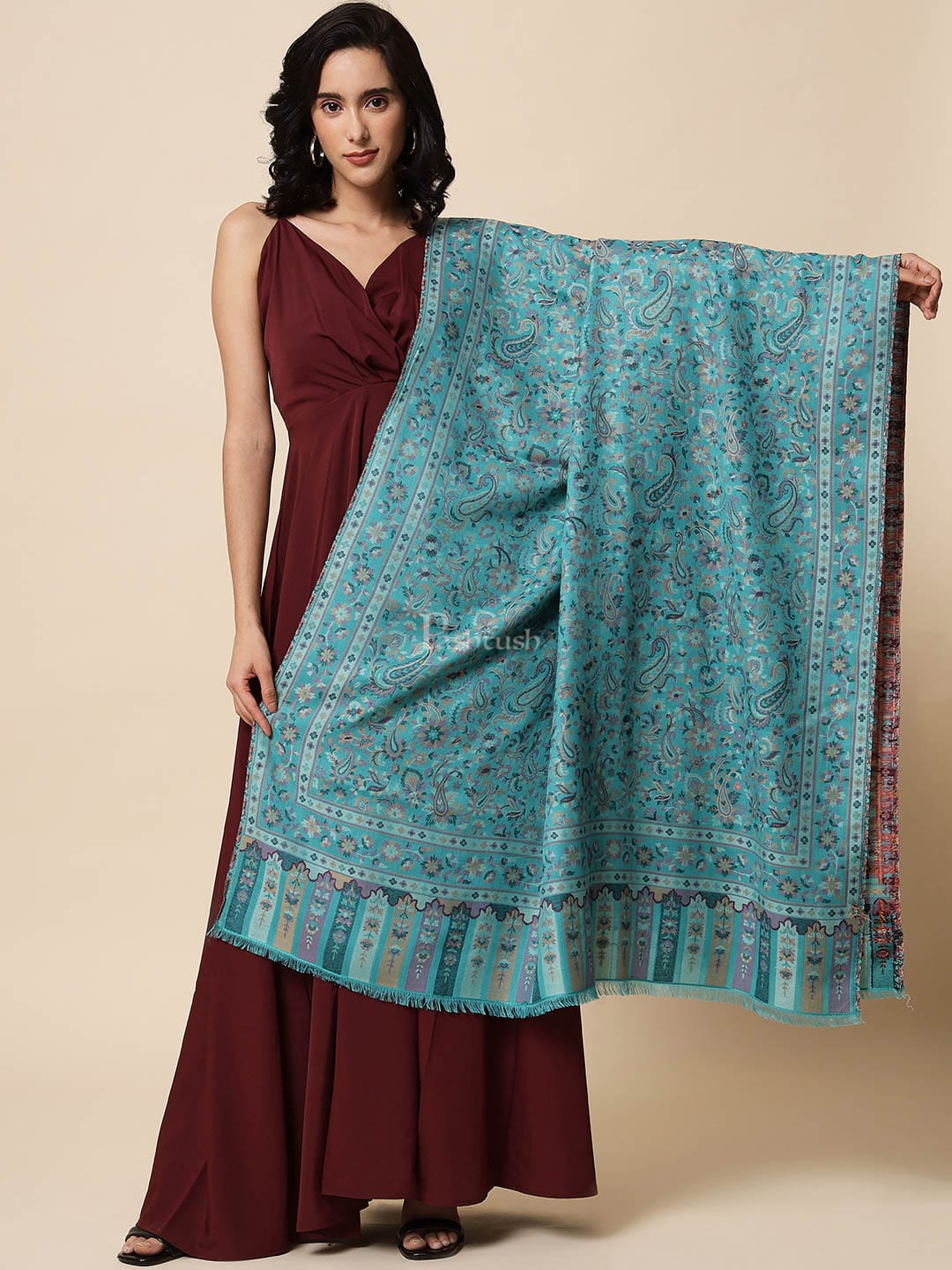 Pashtush Womens Shawl, Soft Bamboo, Woven Paisley Weave, Teal - Image 2