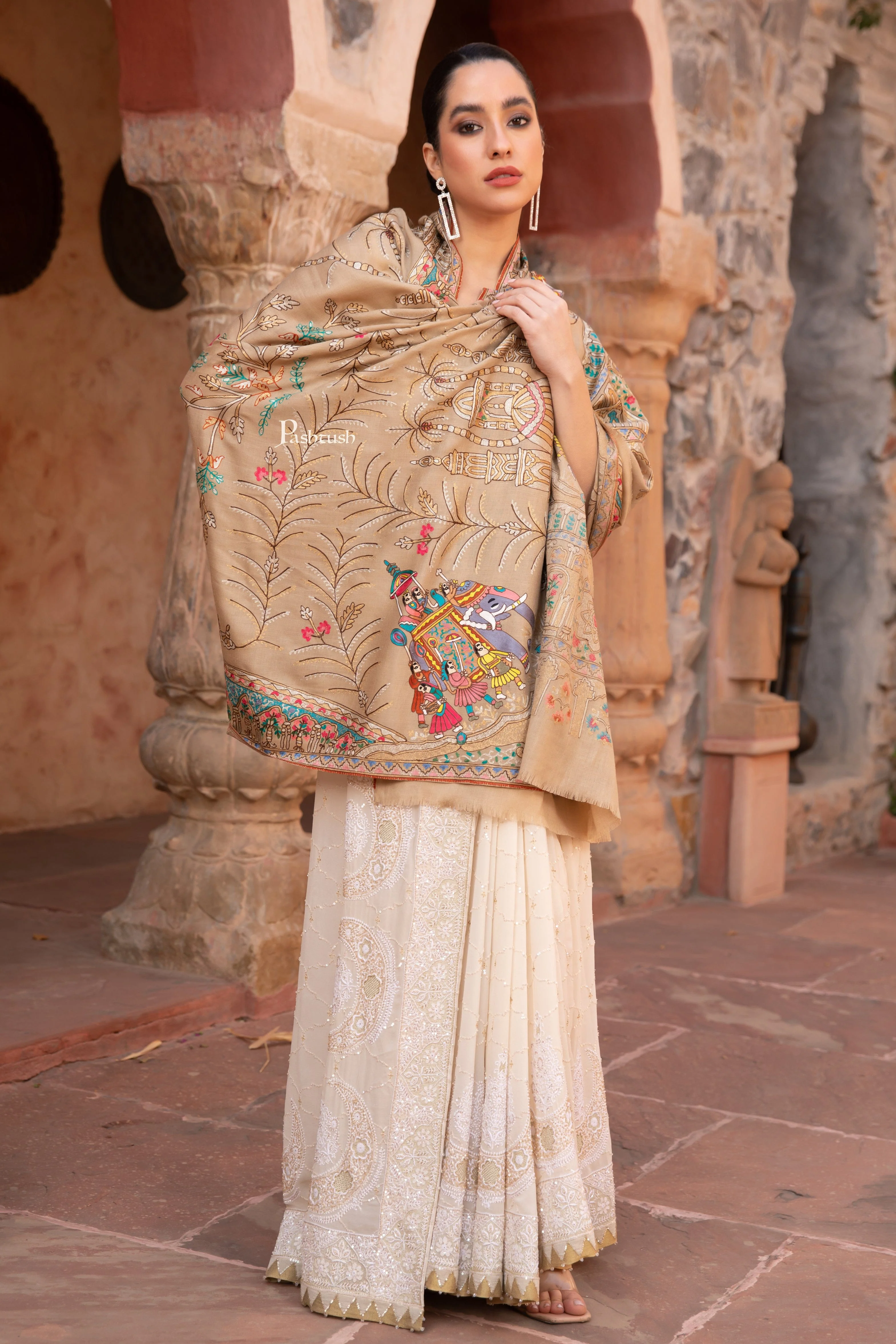 Pashtush Womens Shawl, Tilla Embroidery, Raj Darbar, Silk Wool, Beige - Image 3