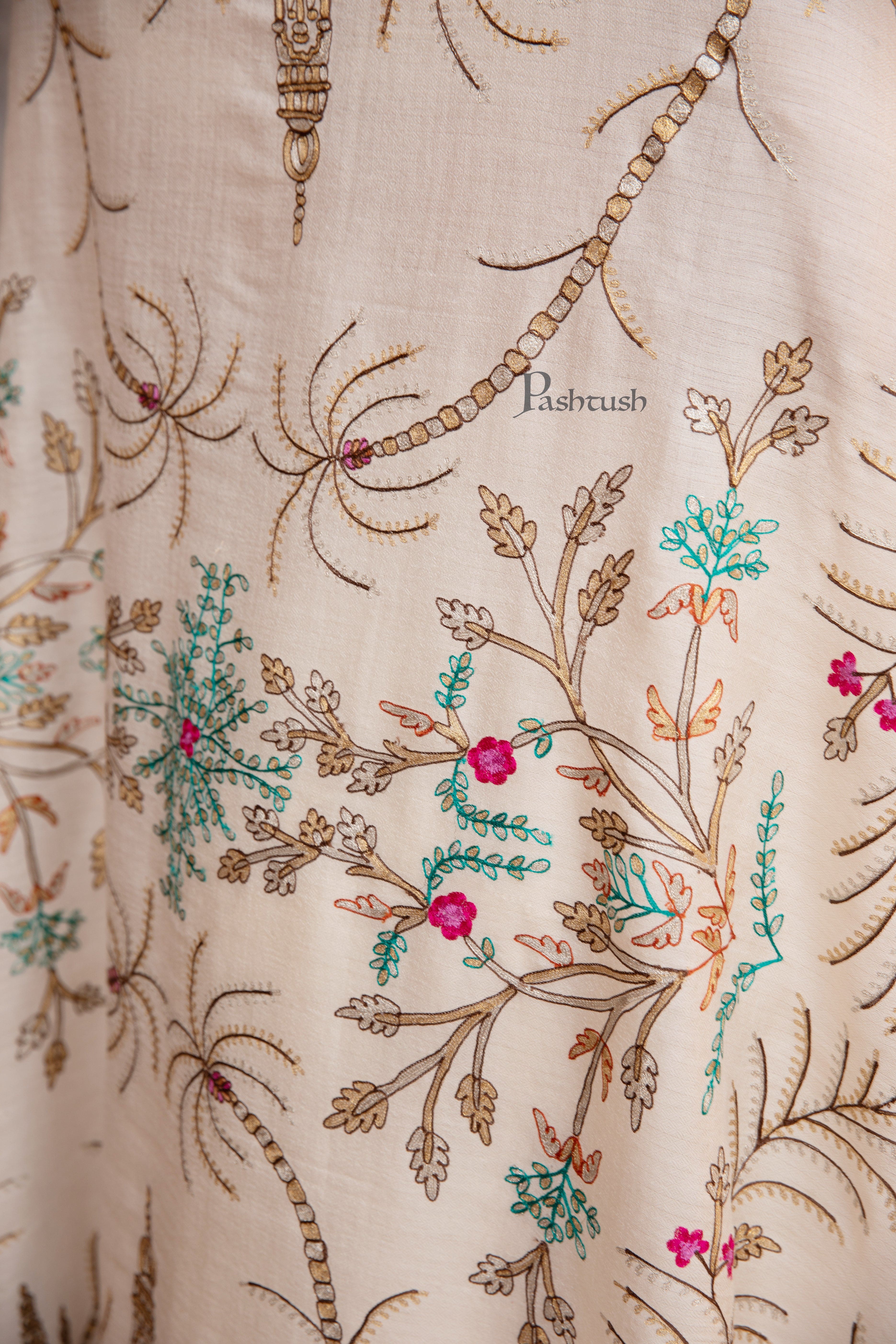 Pashtush Womens Shawl, Tilla Embroidery, Raj Darbar, Silk Wool, Ivory - Image 3