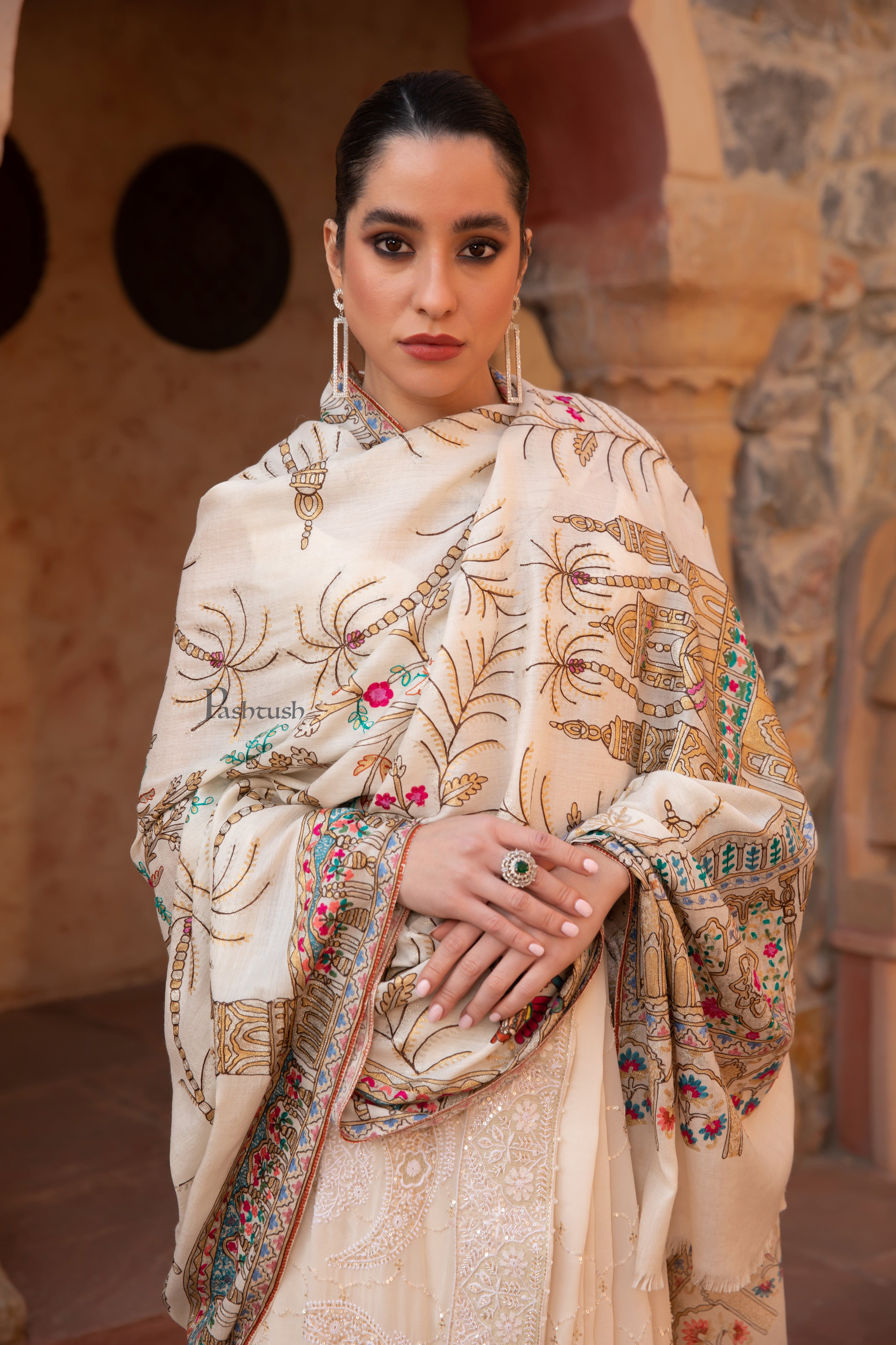 Pashtush Womens Shawl, Tilla Embroidery, Raj Darbar, Silk Wool, Ivory - Image 4