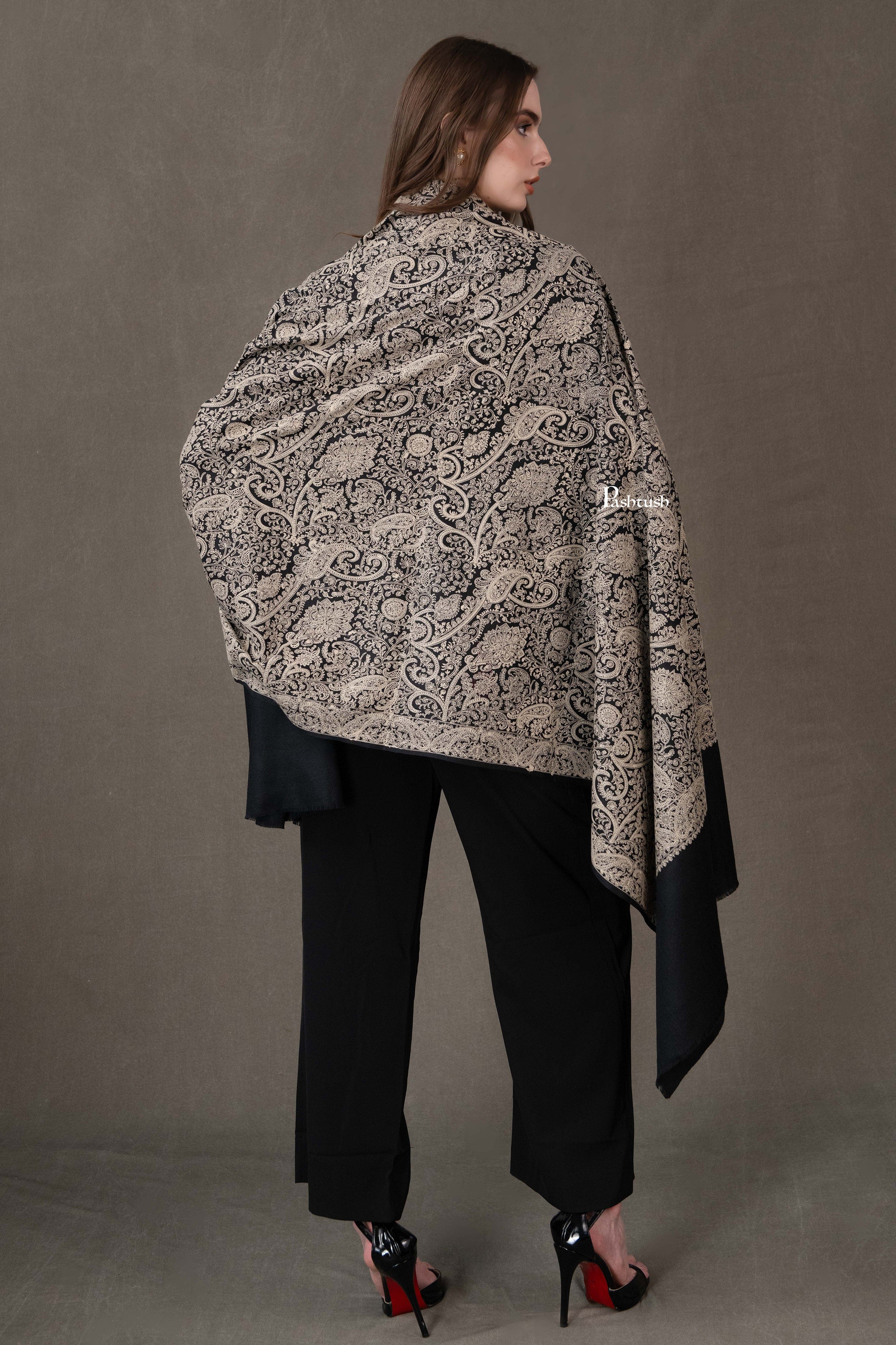 Pashtush Womens Shawl, Tone on Tone Kashmiri Embroidery, Intricate Needlework, Black - Image 5