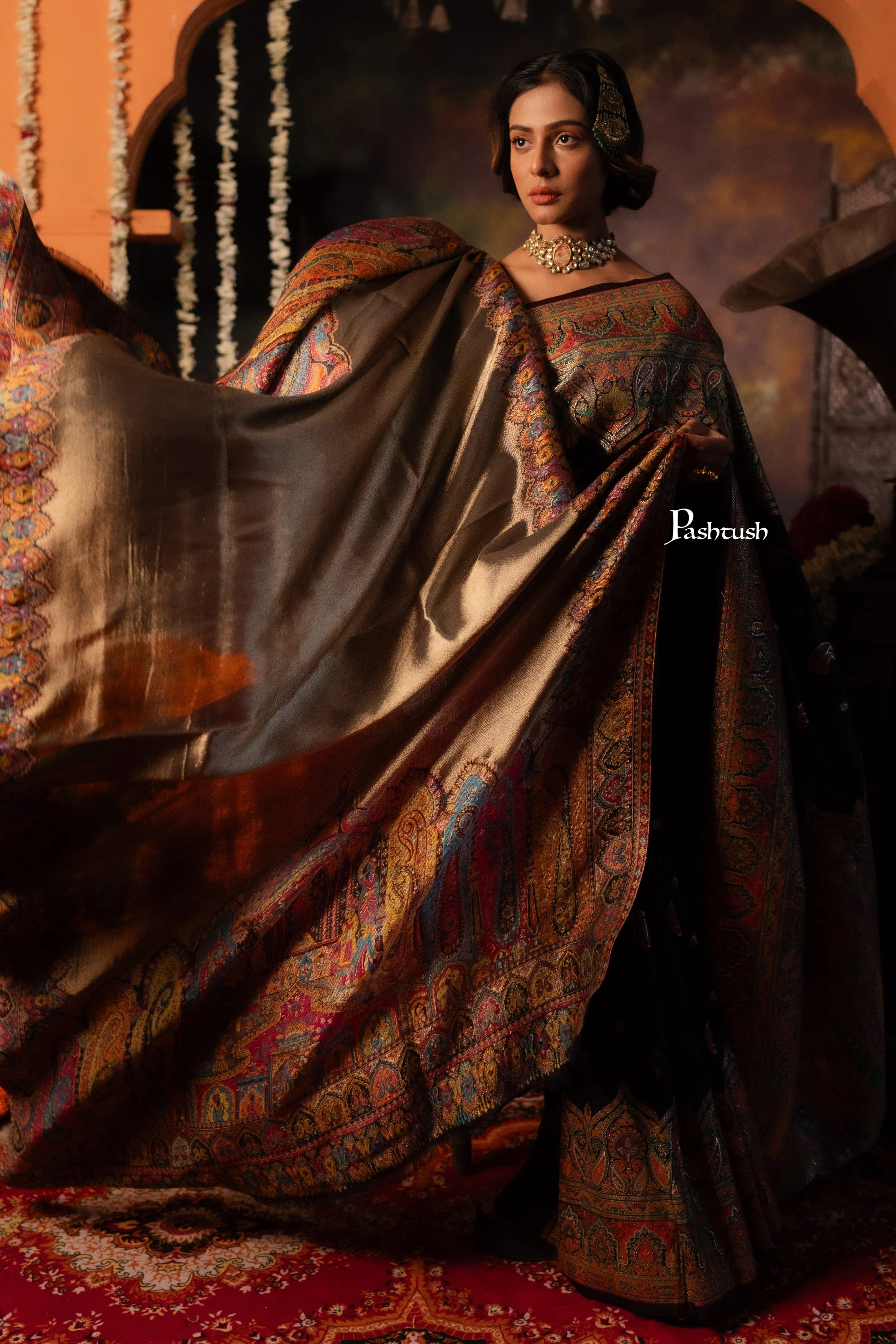 Pashtush Womens Shawl, Twilight Collection, Fine Wool, Amber and Gold - Image 3