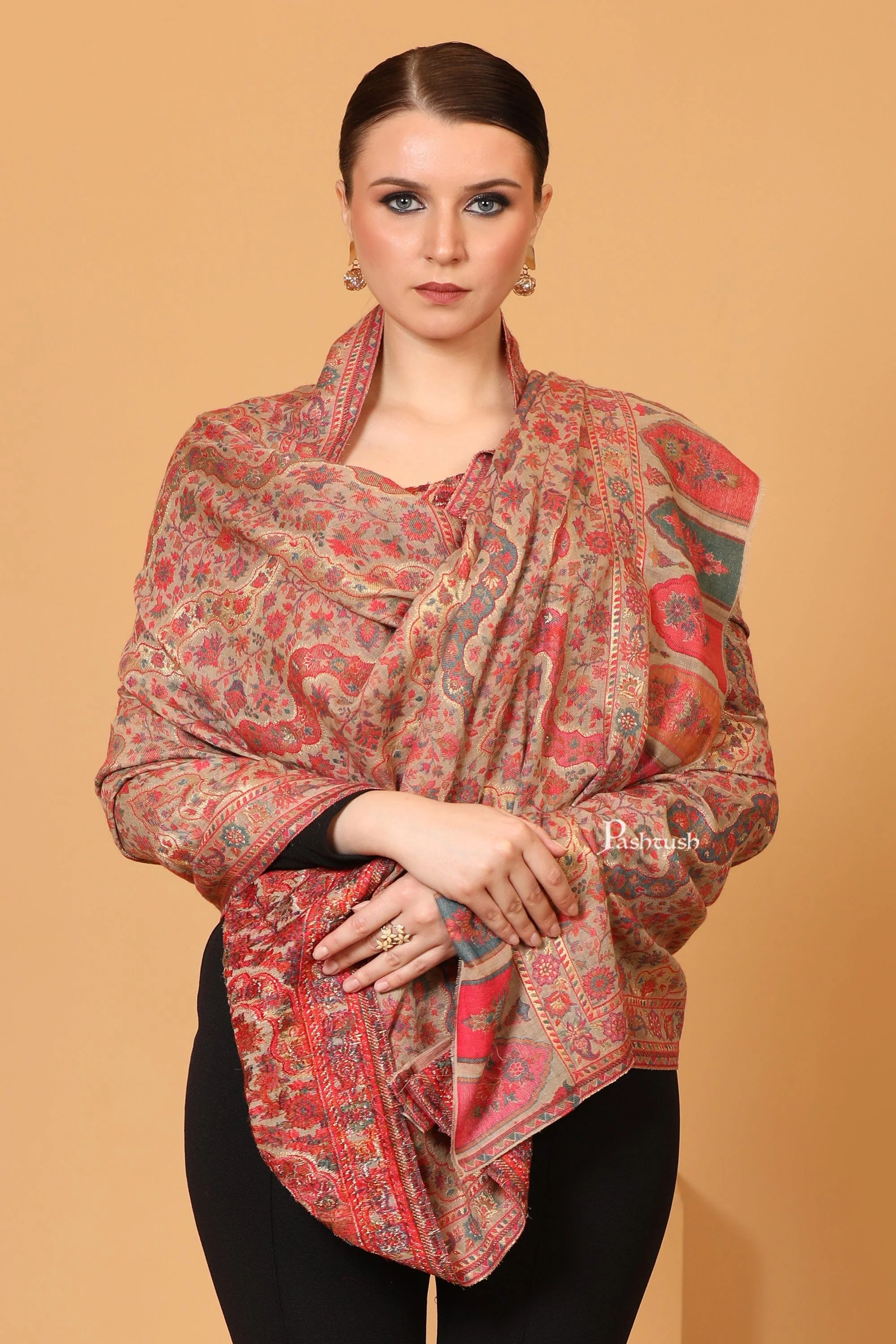 Pashtush Womens Shawl, Twilight Collection, Metallic Ethnic Weave Design, Pastel Beige - Image 2