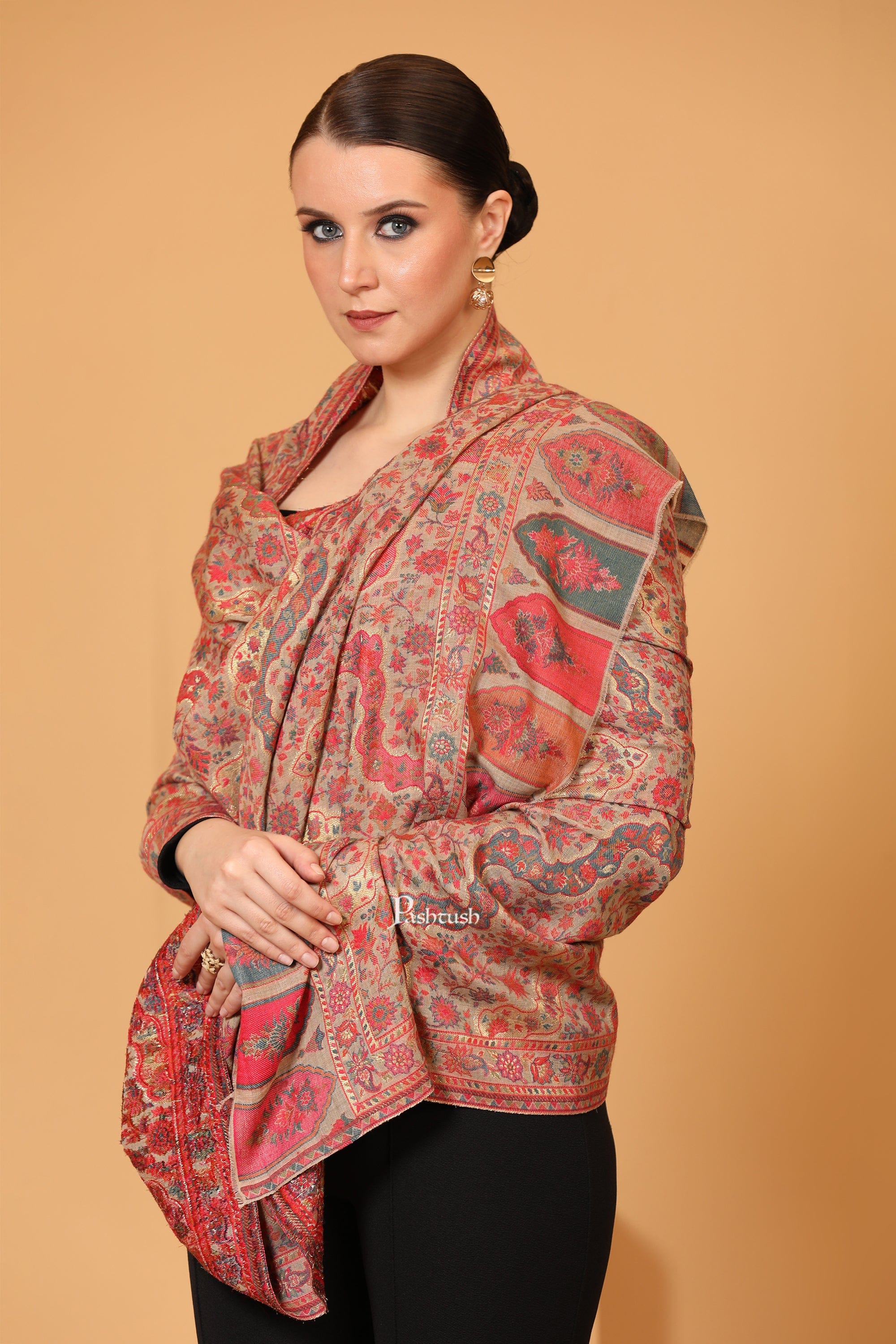 Pashtush Womens Shawl, Twilight Collection, Metallic Ethnic Weave Design, Pastel Beige - Image 3
