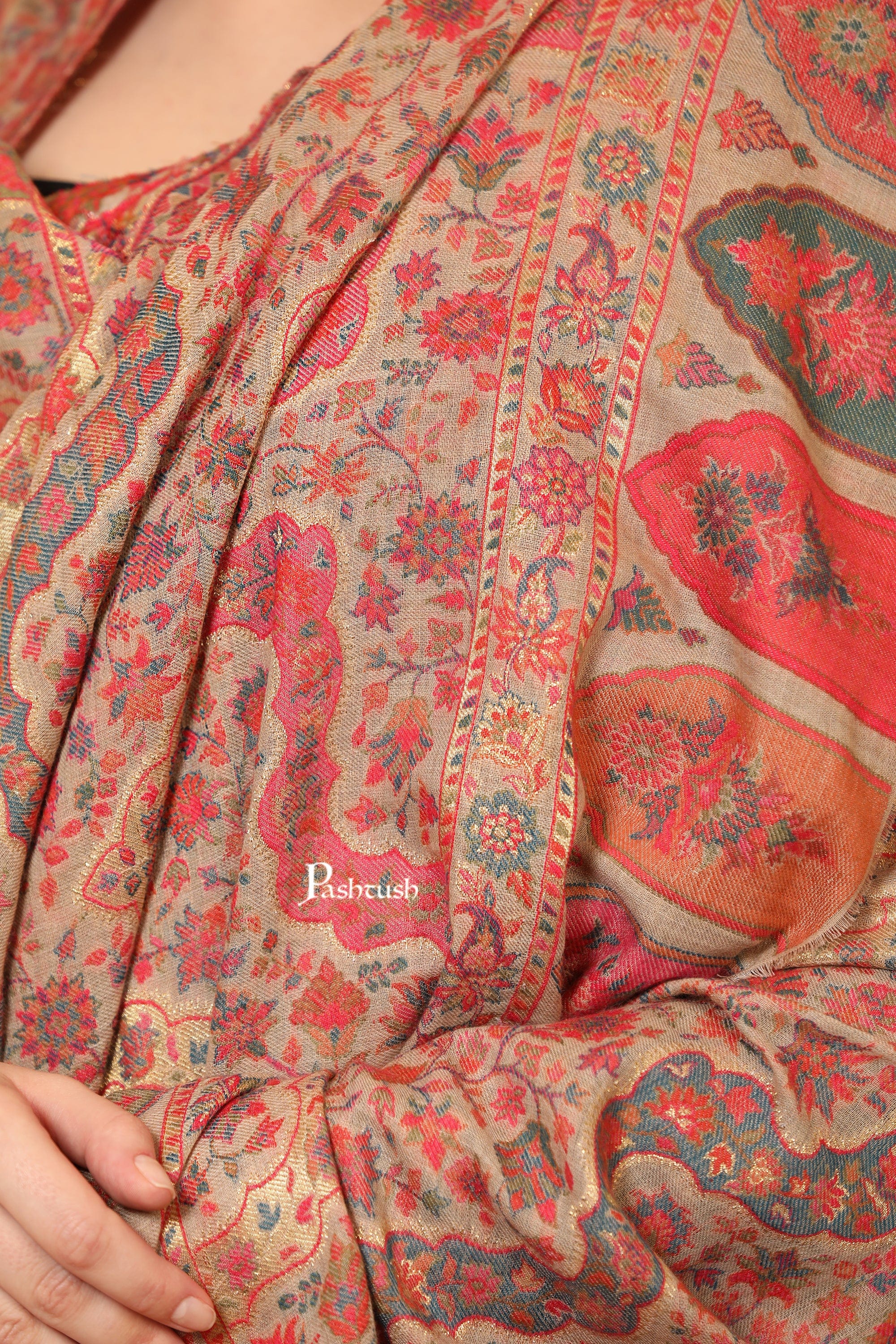 Pashtush Womens Shawl, Twilight Collection, Metallic Ethnic Weave Design, Pastel Beige - Image 4