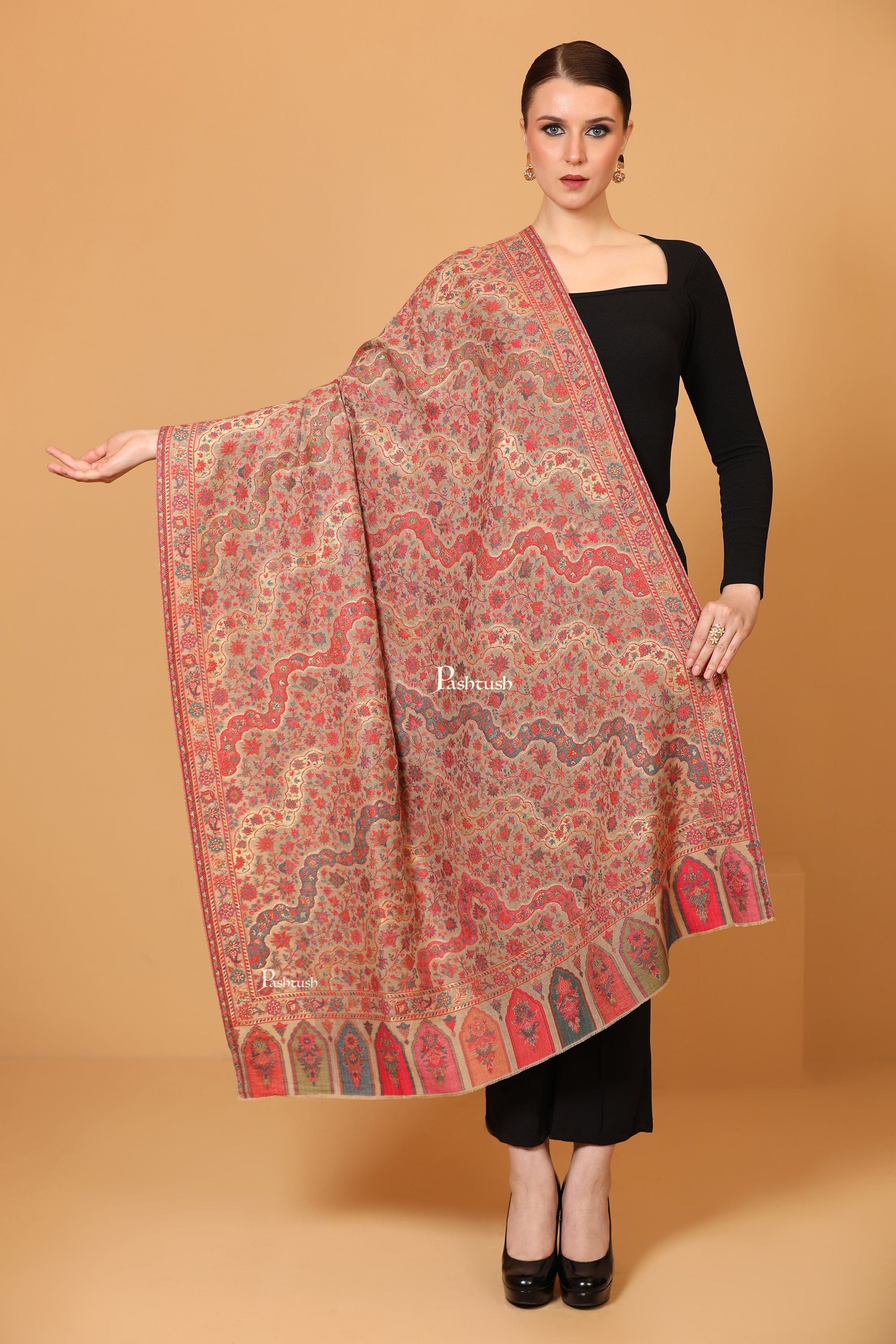 Pashtush Womens Shawl, Twilight Collection, Metallic Ethnic Weave Design, Pastel Beige - Image 5