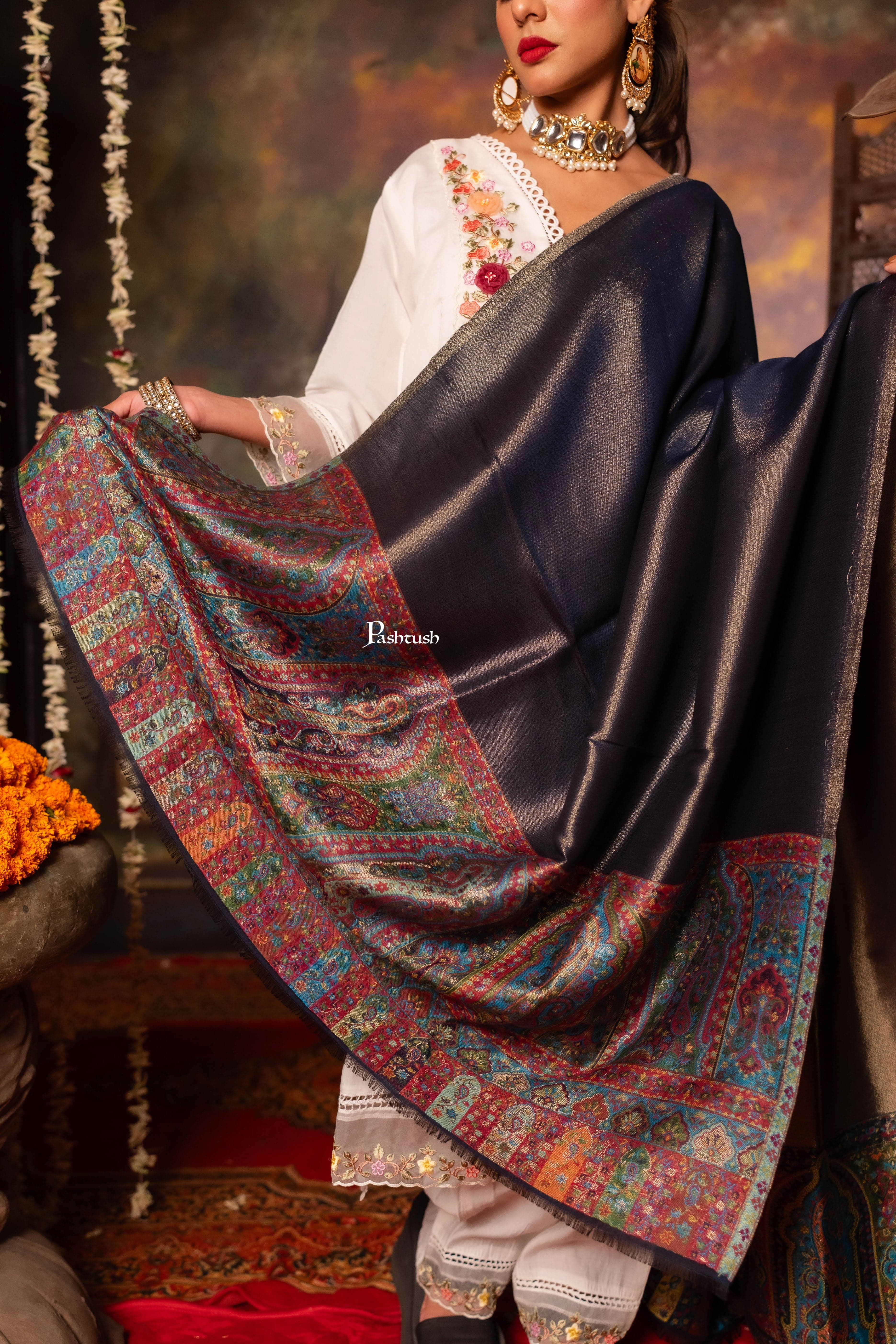 Pashtush Womens Shawl, Twilight Collection, Palla border weave Fine Wool, Royal Blue and Gold - Image 2