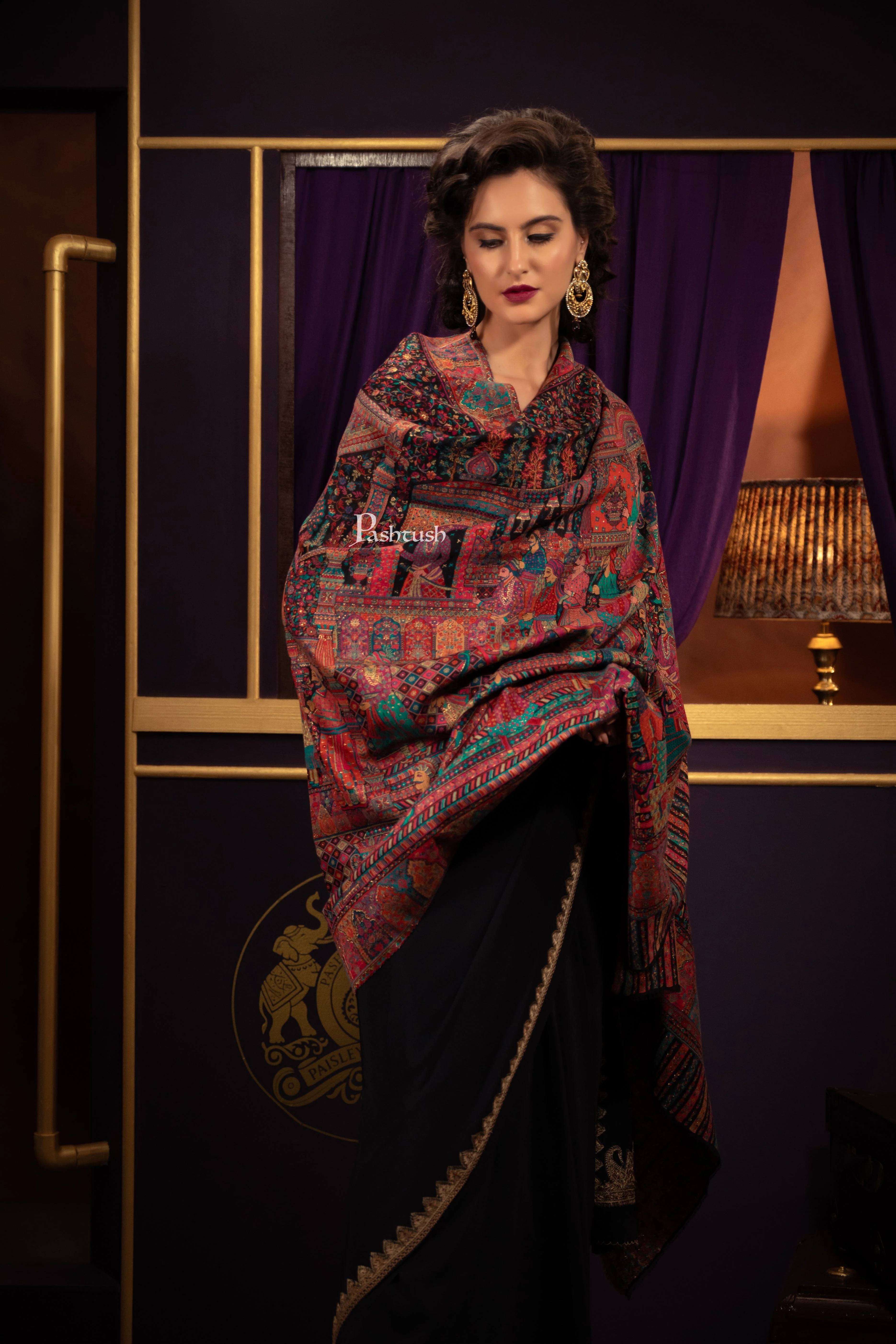 Pashtush Womens Shawl, Twilight collection with woven royal darbar, fine wool, black - Image 7