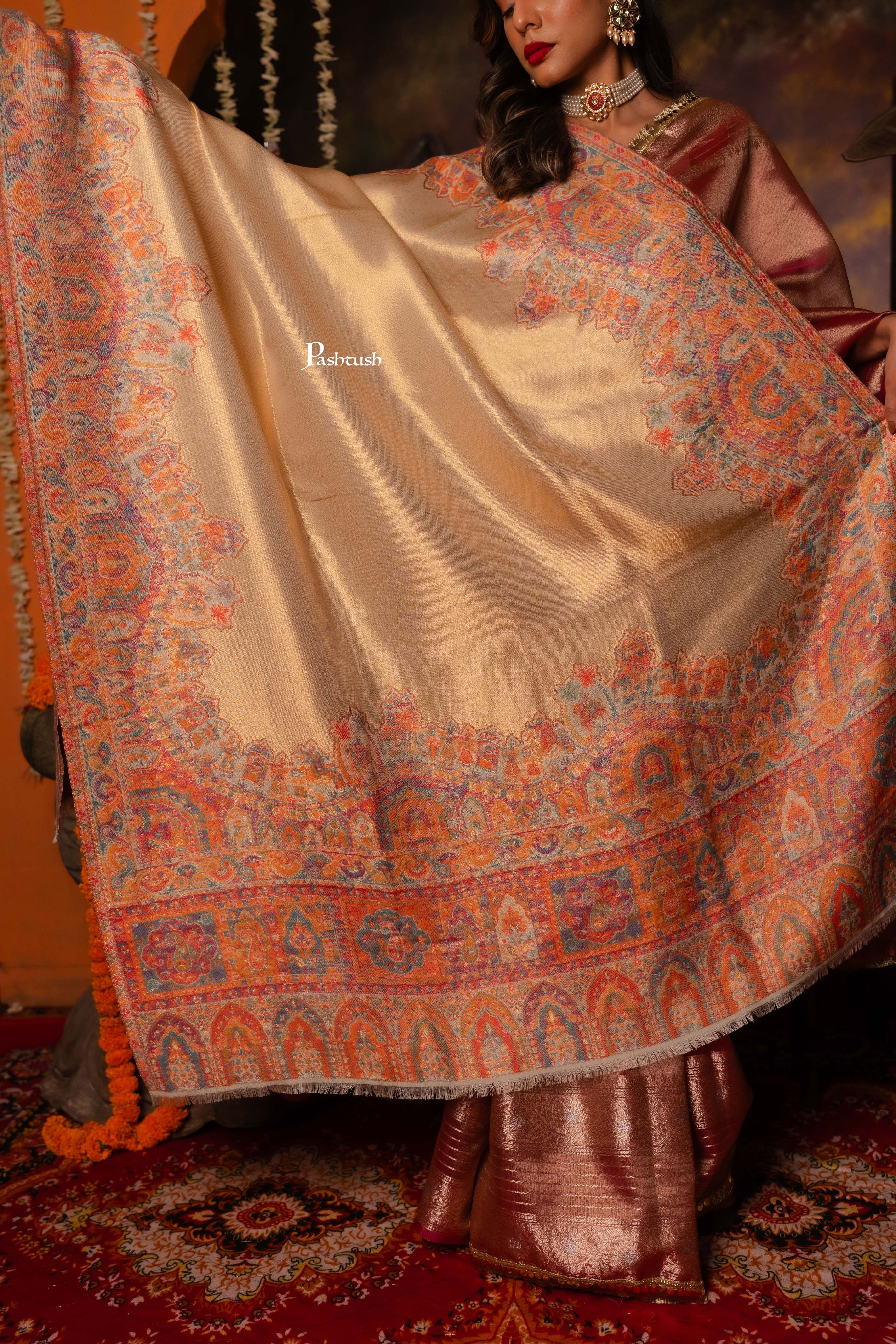 Pashtush Womens Shawl, Twilight Design, Beige - Image 2