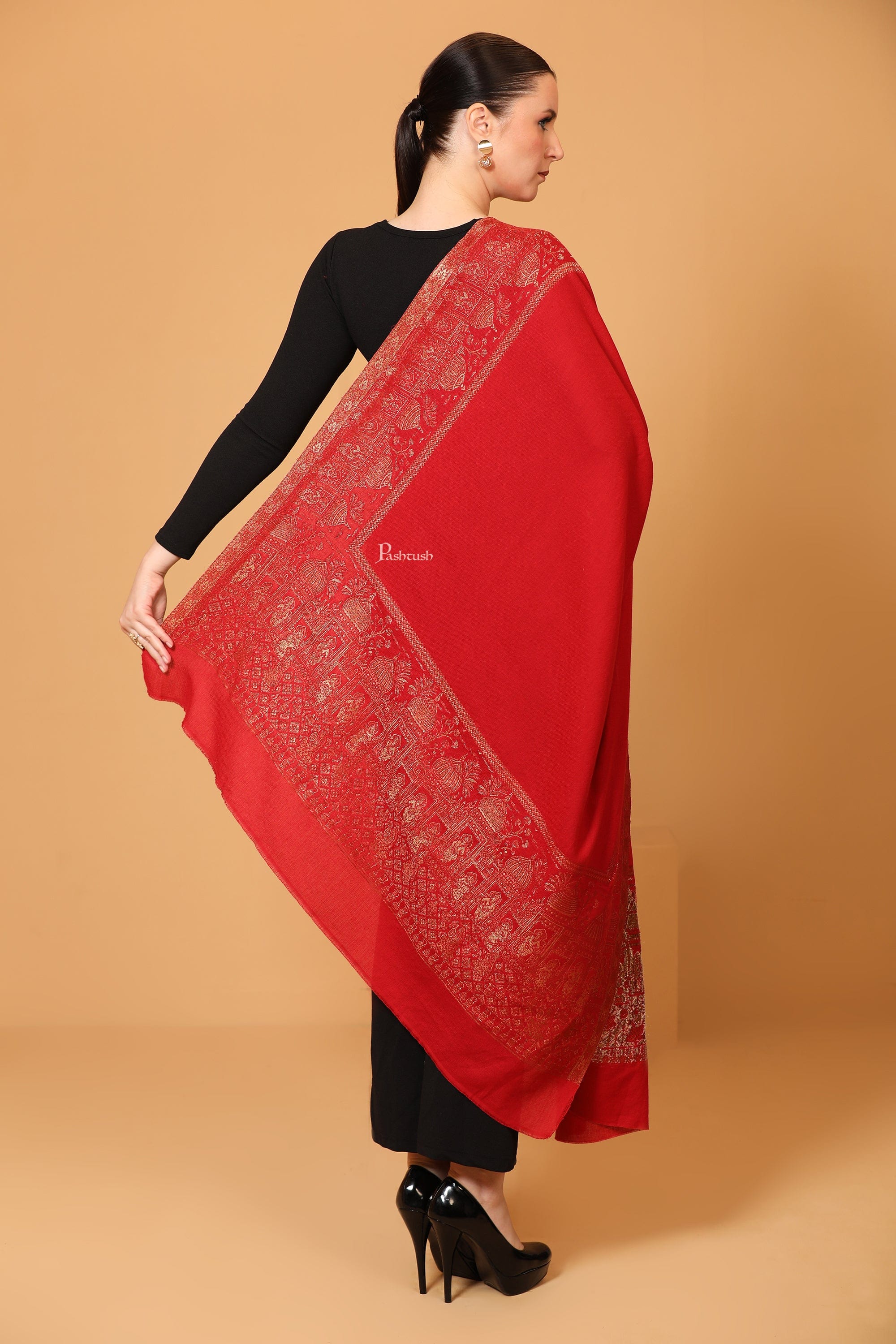 Pashtush Womens Shawl, Twilight Collection, Royal Shamyana, Metallic Weave Design, Deep Red - Image 2