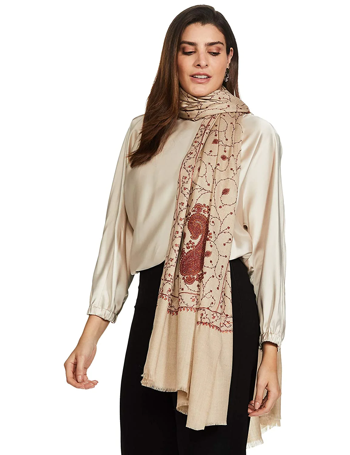 Pashtush Womens Shawl With Khakikar Fineembroidery, Soft And Warm, Light Weight