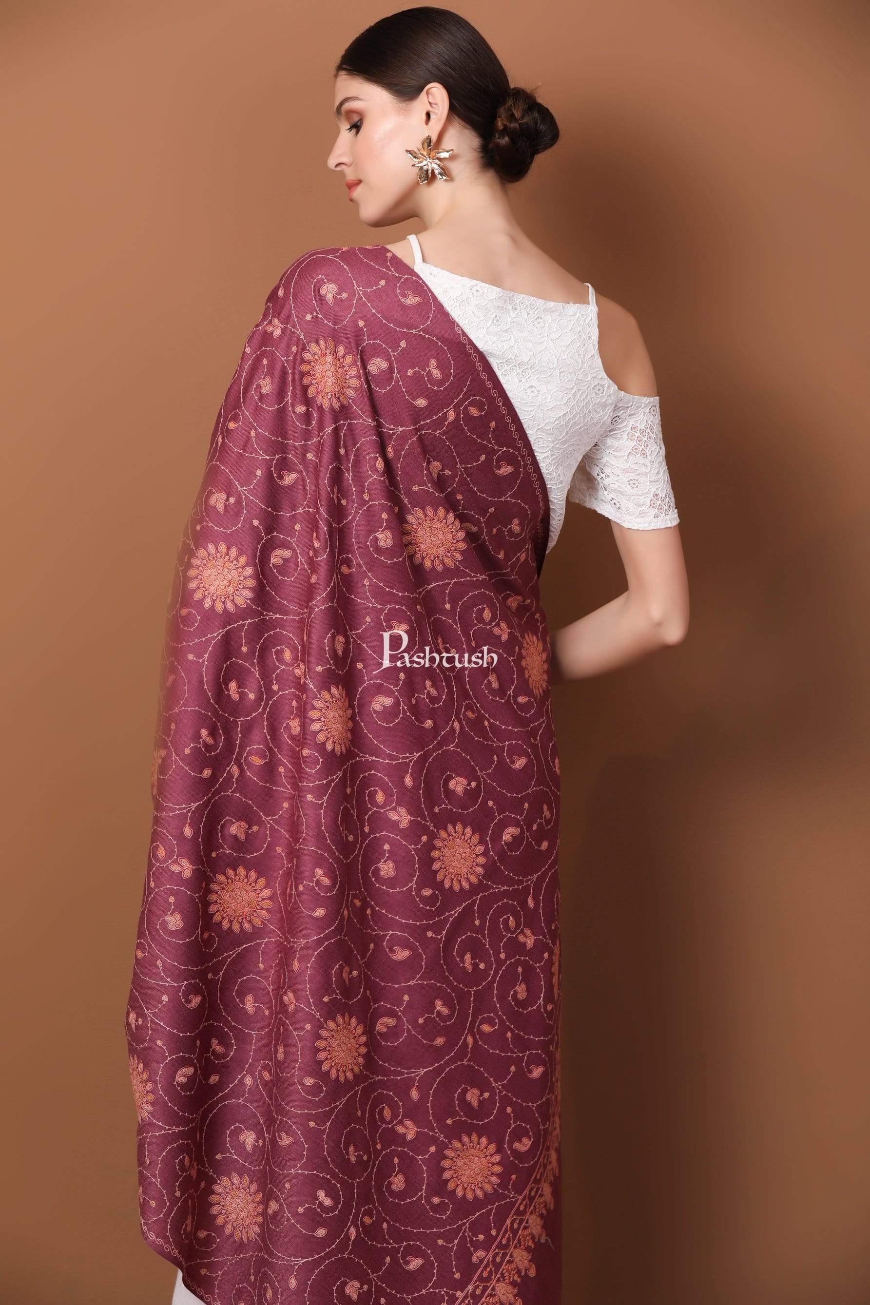 Pashtush Womens Shawl, Tone On Tone Embroidery, Soft, Light And Warm, Peel Lilac