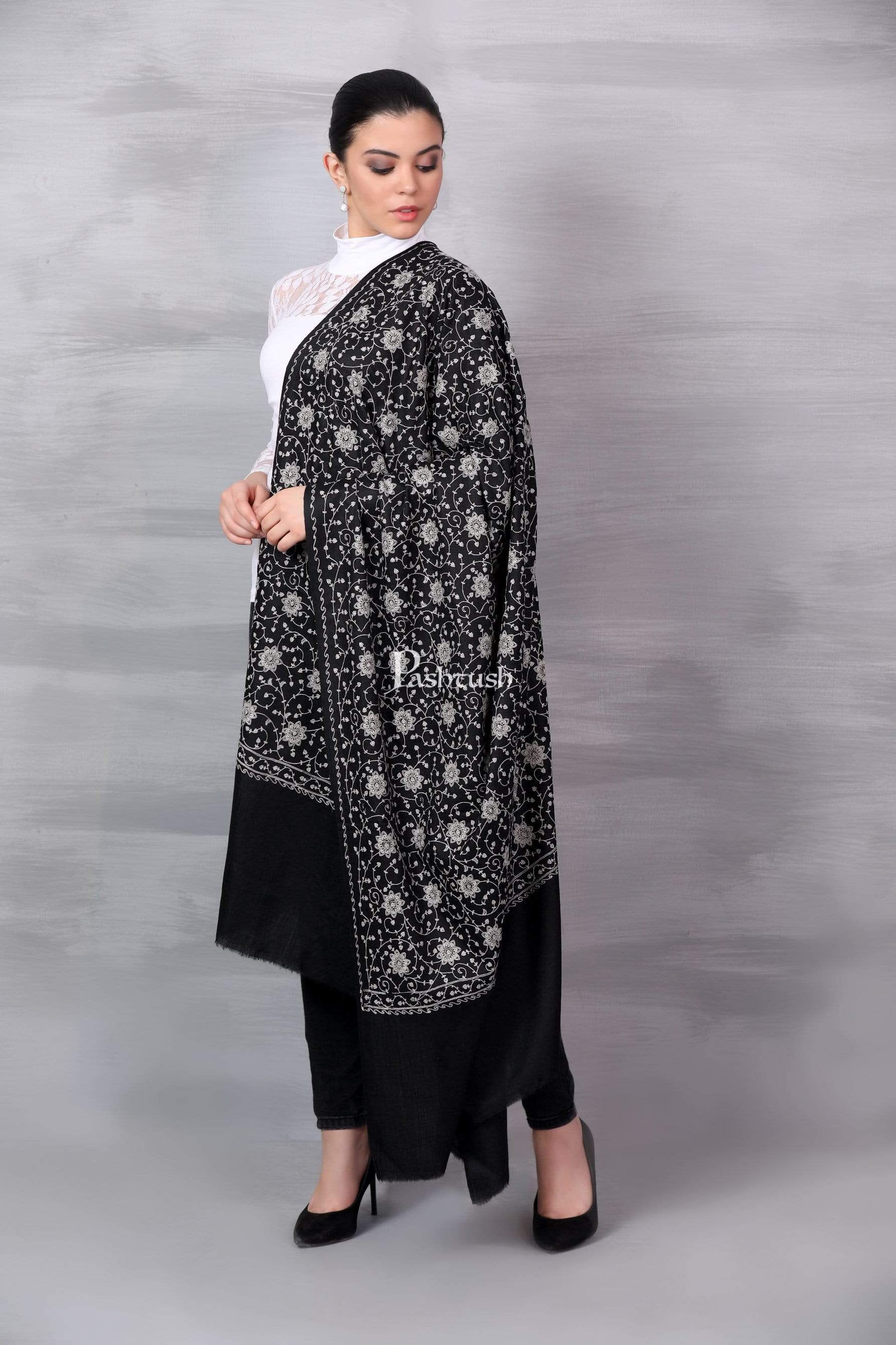 Pashtush Womens Shawl With Tone On Tone Embroidery, Soft And Warm, Light Weight