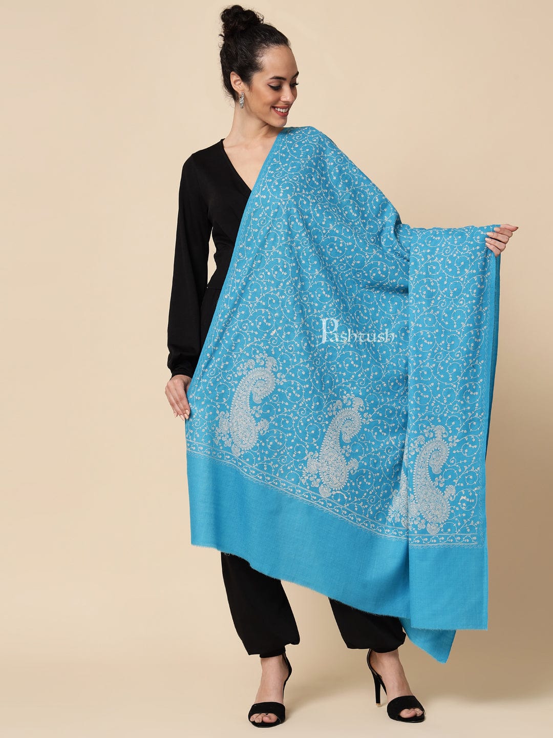 Pashtush Womens Shawl With Tone On Tone Embroidery, Soft And Warm, Light Weight, Aqua Blue