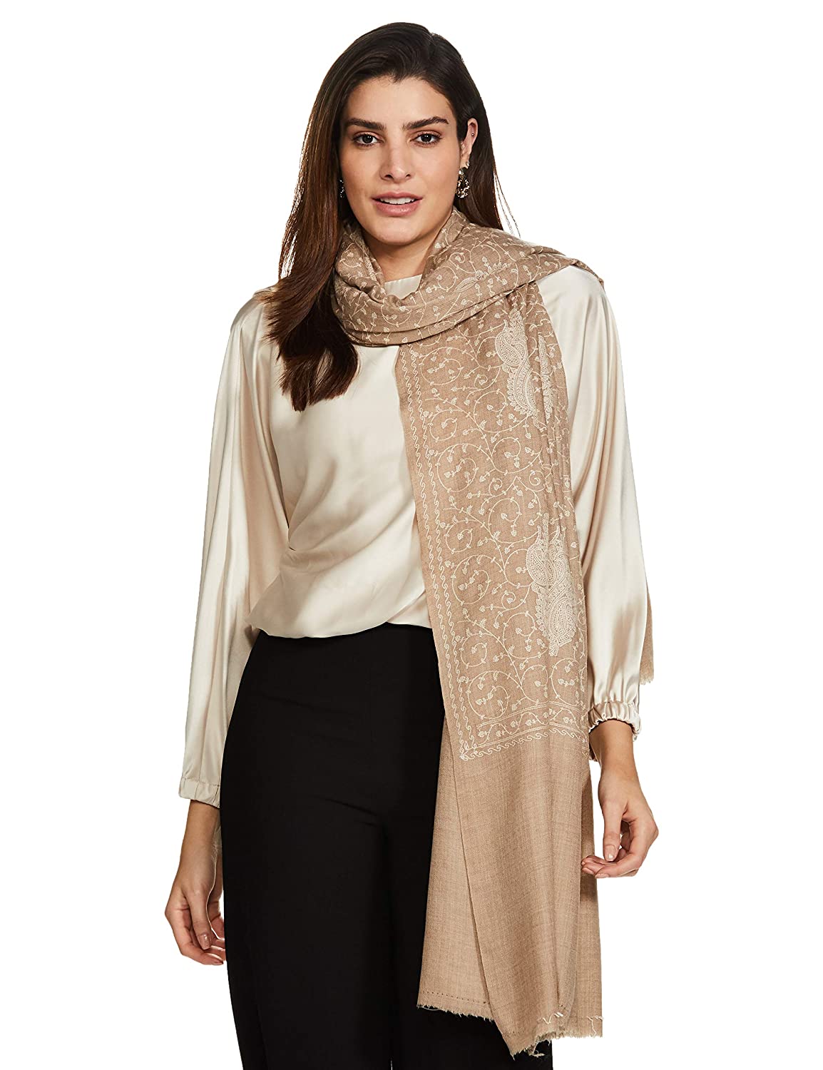Pashtush Womens Shawl With Tone On Tone Embroidery, Soft And Warm, Light Weight, Beige - Image 3