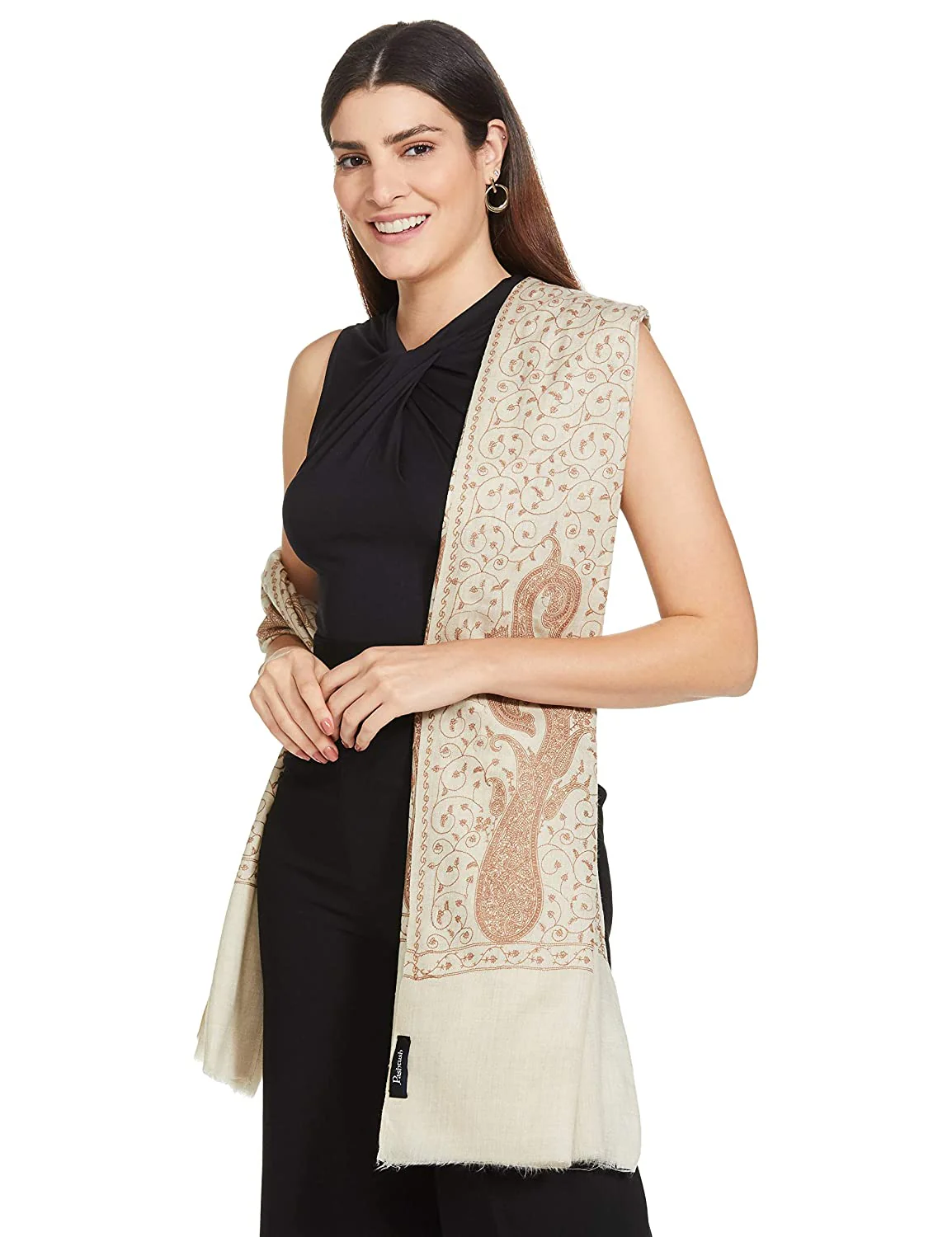 Pashtush Womens Shawl With Tone On Tone Embroidery, Soft And Warm, Light Weight, Beige - Image 3